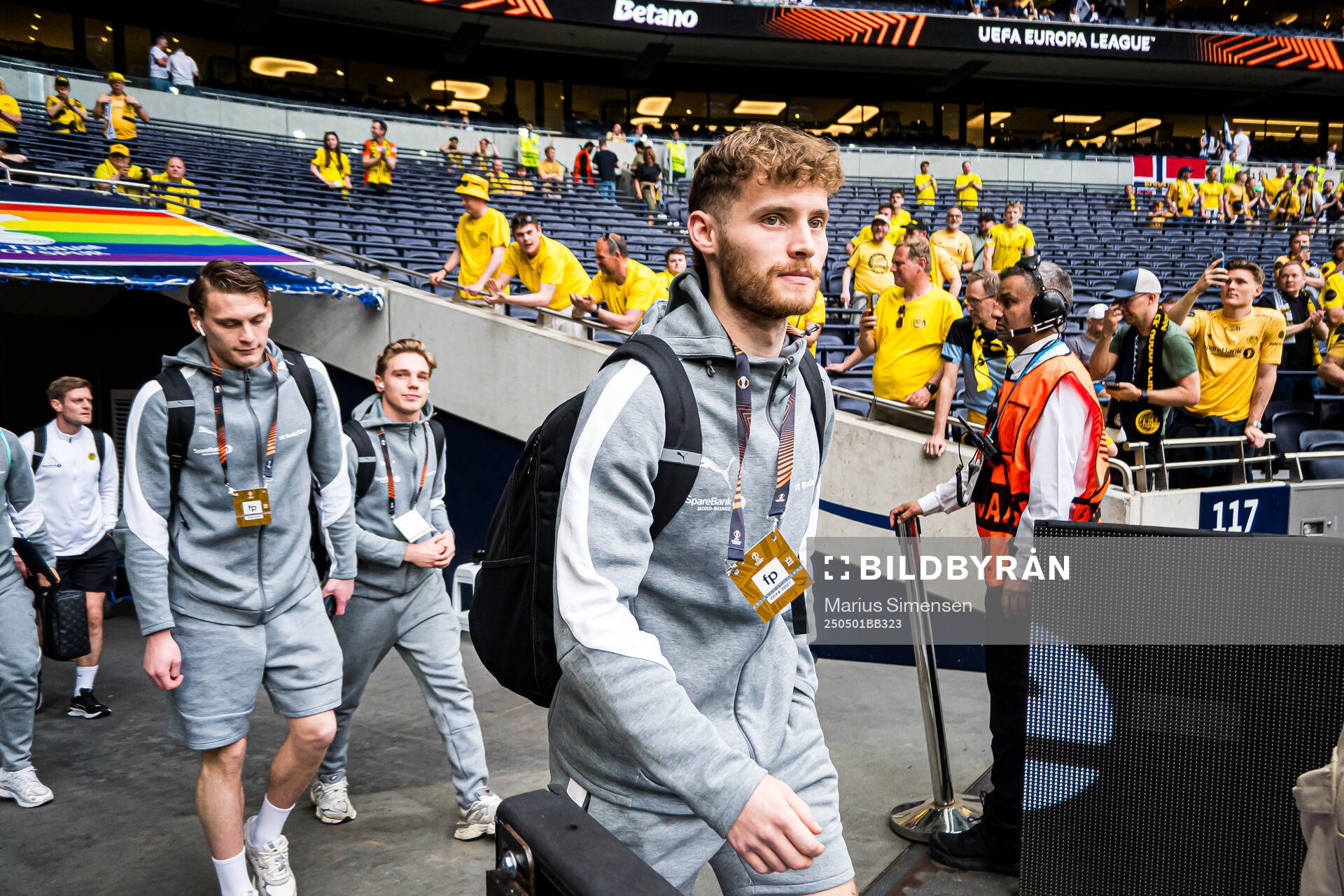 Ole Didrik Blomberg of Bodø/Glimt arrives ahead of the UEFA Europa League semi-final football match between Tottenham and Bodø/Glimt on May 1, 2025 in London.