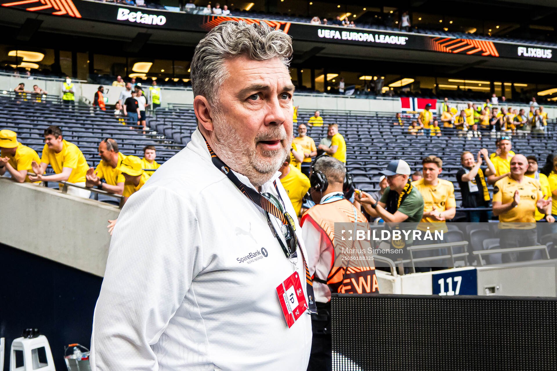 Frode Thomassen, managing director of Bodø/Glimt, arrives ahead of the UEFA Europa League semi-final football match between Tottenham and Bodø/Glimt on May 1, 2025 in London. 