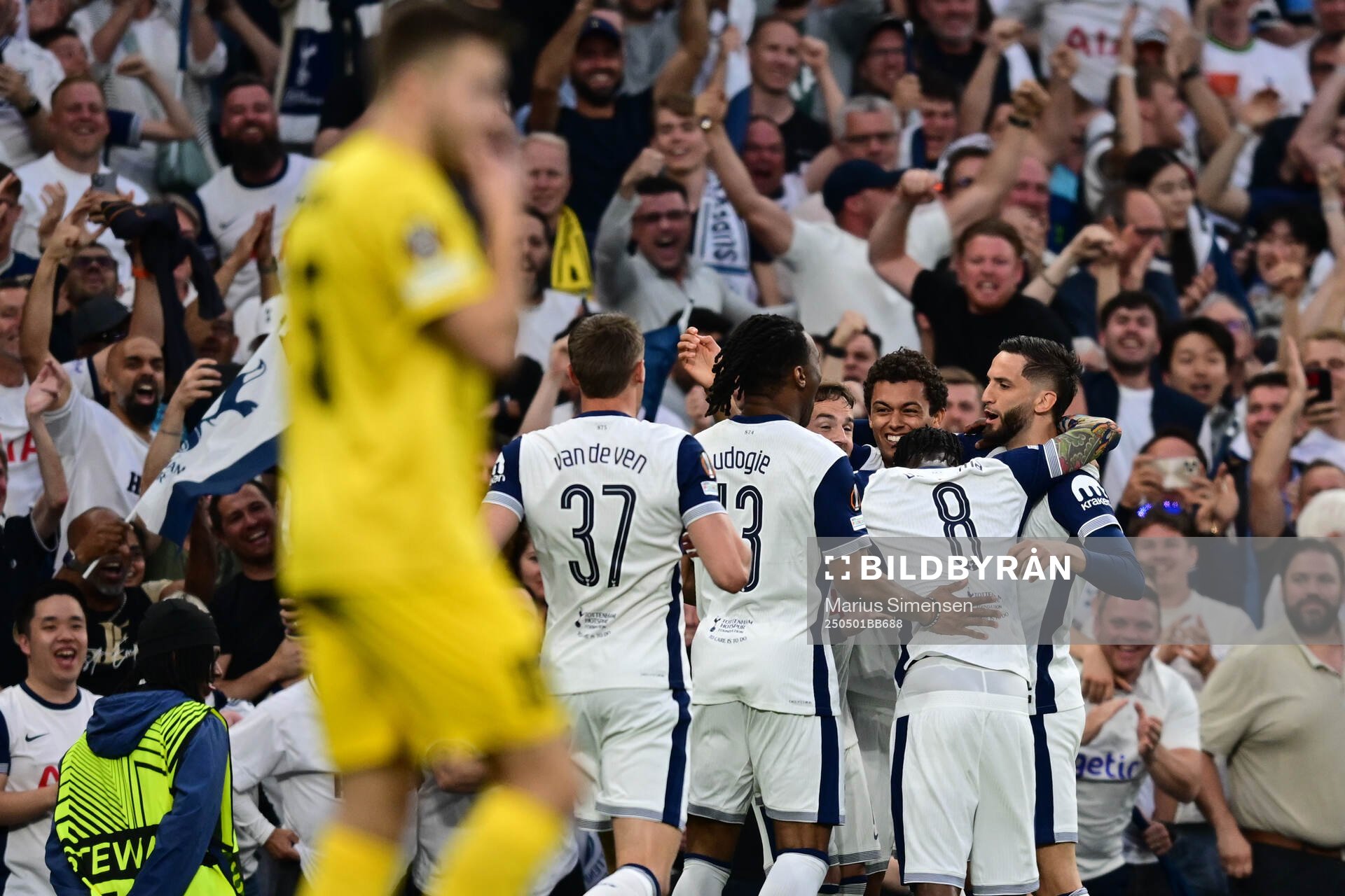 Brennan Johnson of Tottenham celebrates the 1-0 goal during the UEFA Europa League semi-final football match between Tottenham and Bodø/Glimt on May 1, 2025 in London.
