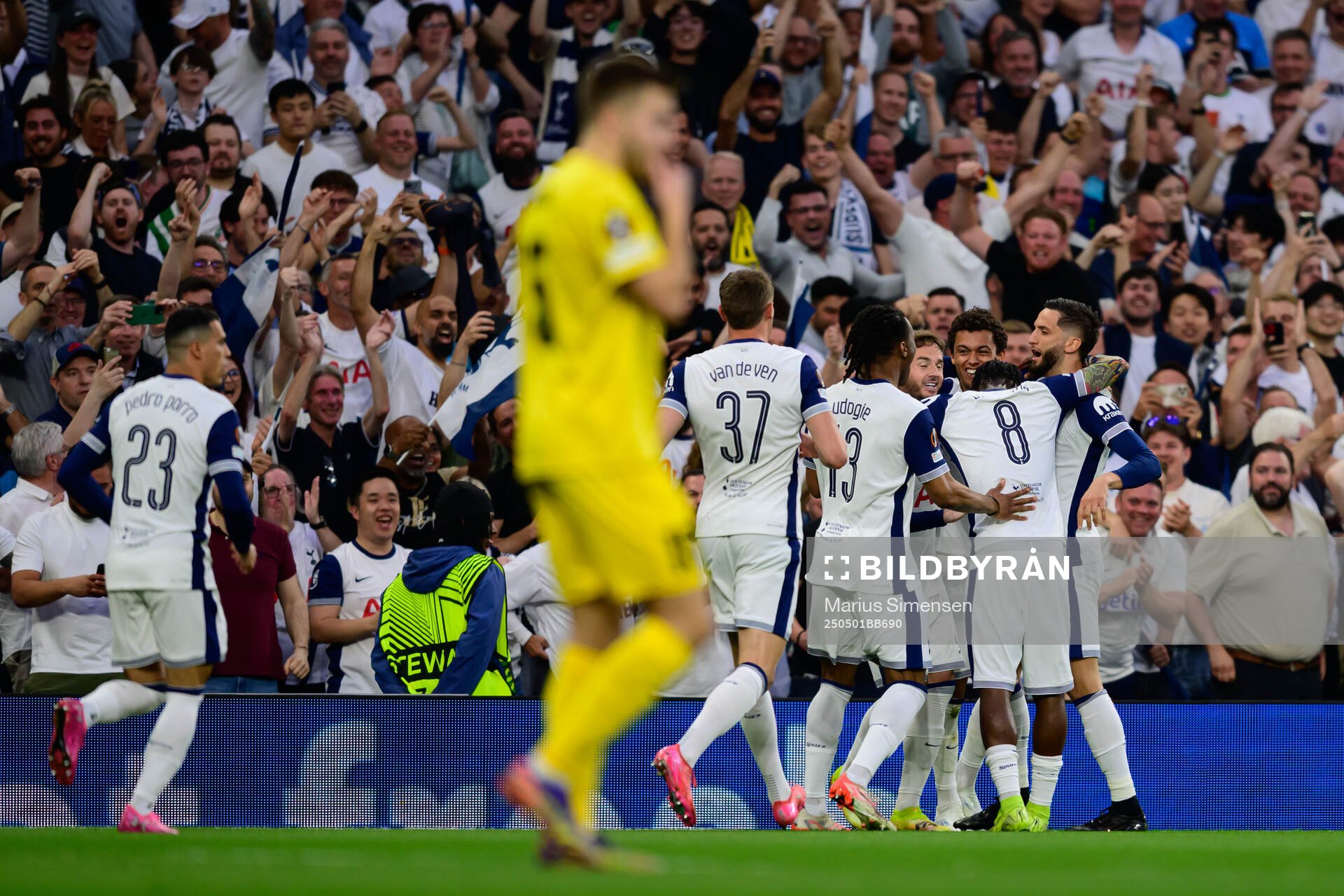 Brennan Johnson of Tottenham celebrates the 1-0 goal during the UEFA Europa League semi-final football match between Tottenham and Bodø/Glimt on May 1, 2025 in London.