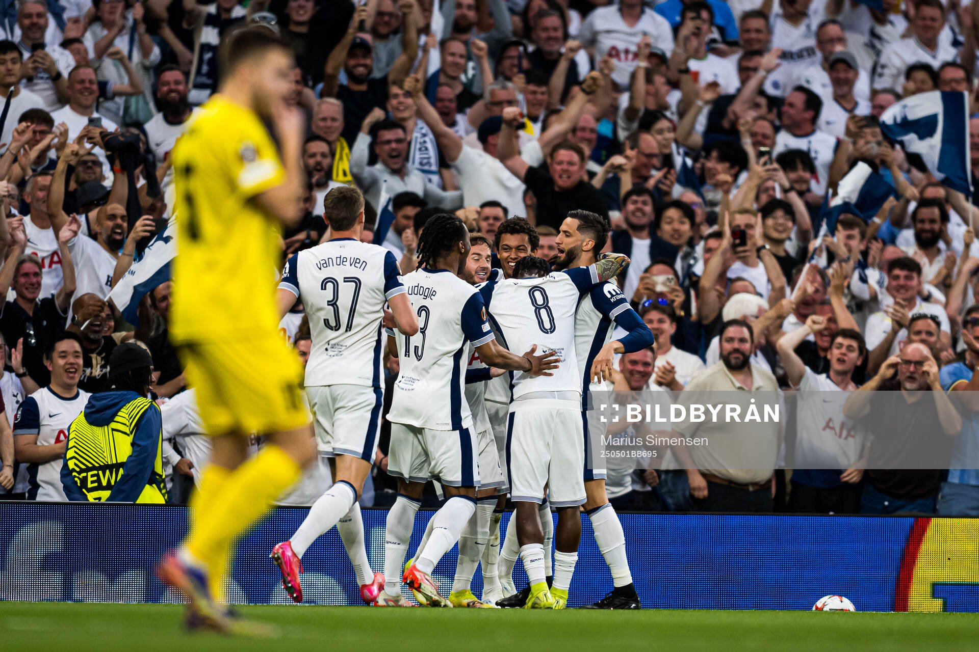 Brennan Johnson of Tottenham celebrates after scoring the 1-0 goal during the UEFA Europa League semi-final football match between Tottenham and Bodø/Glimt on May 1, 2025 in London.
