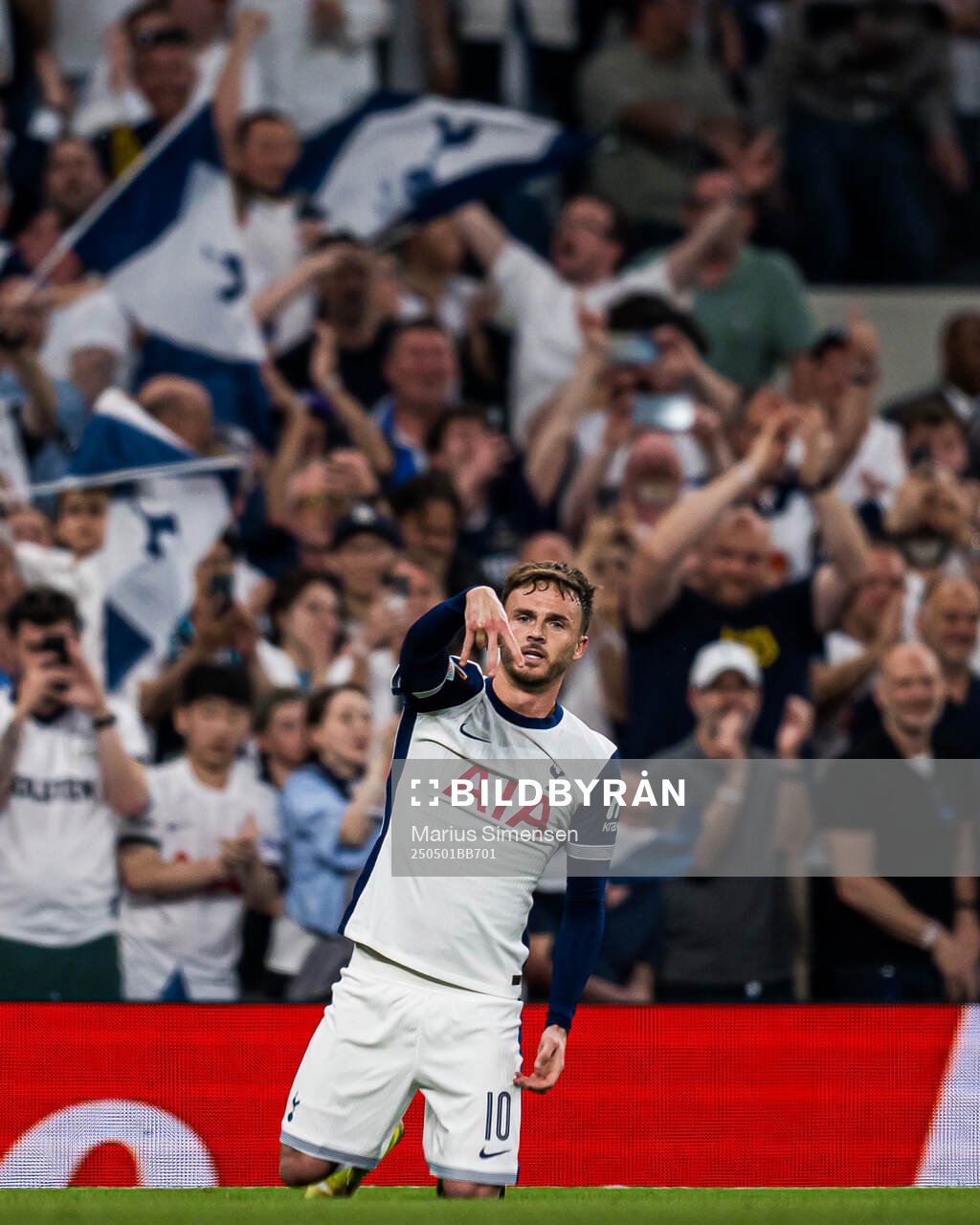 James Maddison of Tottenham celebrates after scoring the 2-0 goal during the UEFA Europa League semi-final football match between Tottenham and Bodø/Glimt on May 1, 2025 in London.