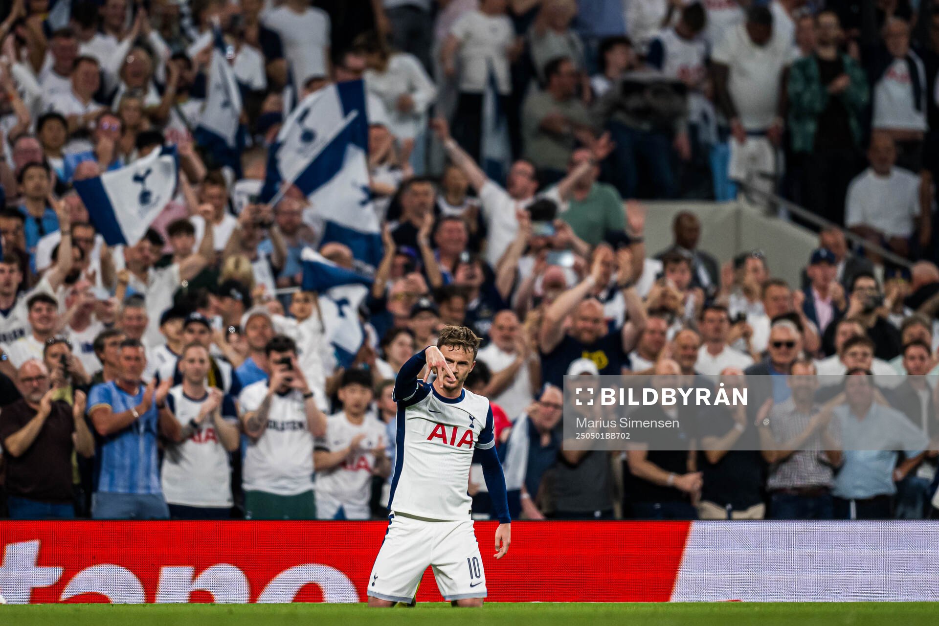 James Maddison of Tottenham celebrates after scoring the 2-0 goal during the UEFA Europa League semi-final football match between Tottenham and Bodø/Glimt on May 1, 2025 in London.