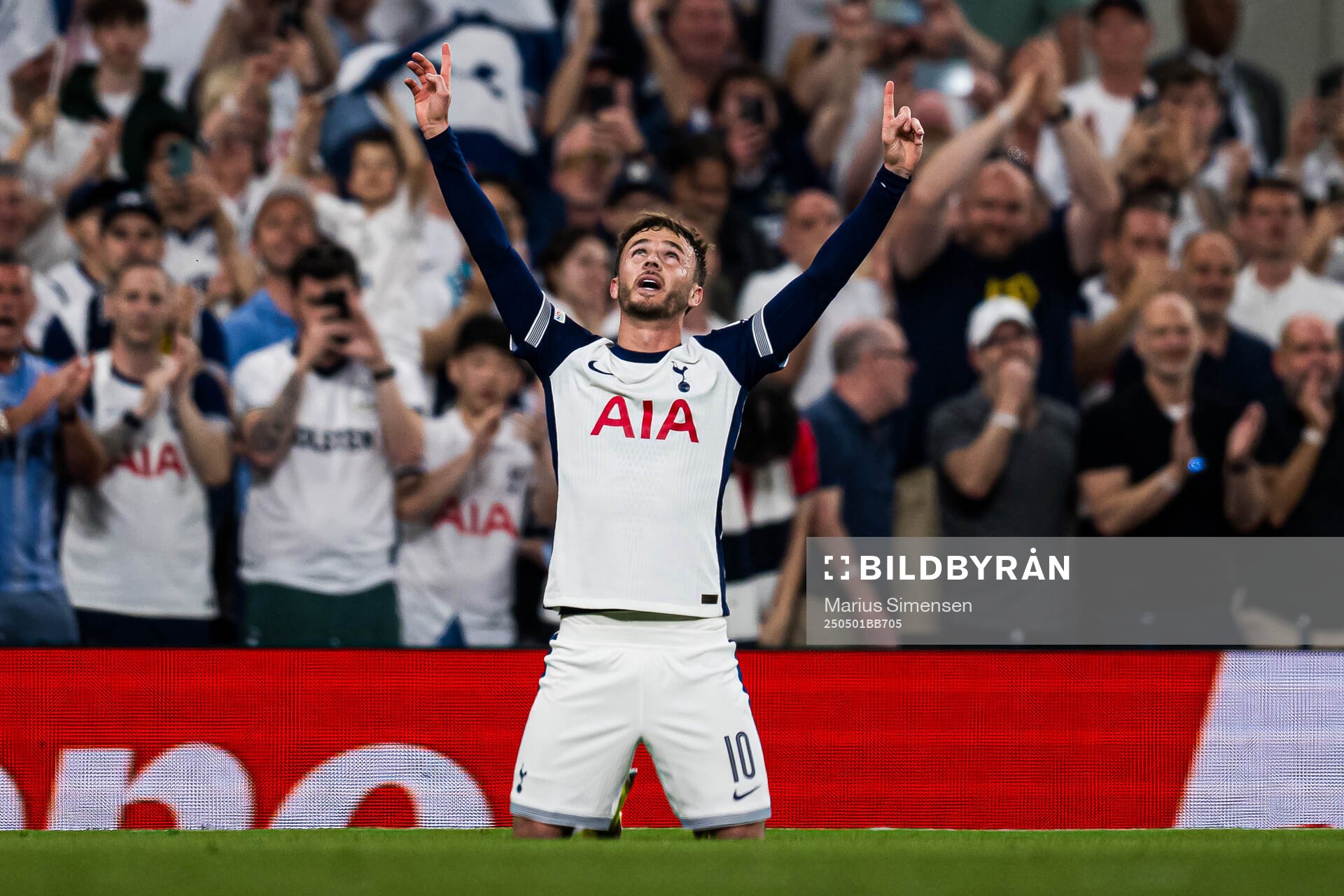 James Maddison of Tottenham celebrates after scoring the 2-0 goal during the UEFA Europa League semi-final football match between Tottenham and Bodø/Glimt on May 1, 2025 in London.