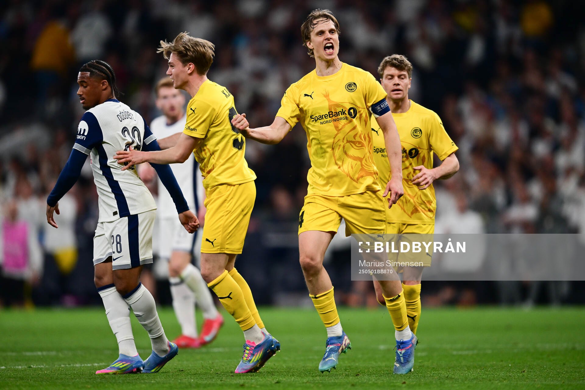 Ulrik Saltnes of Bodø/Glimt celebrates during the UEFA Europa League semi-final football match between Tottenham and Bodø/Glimt on May 1, 2025 in London.