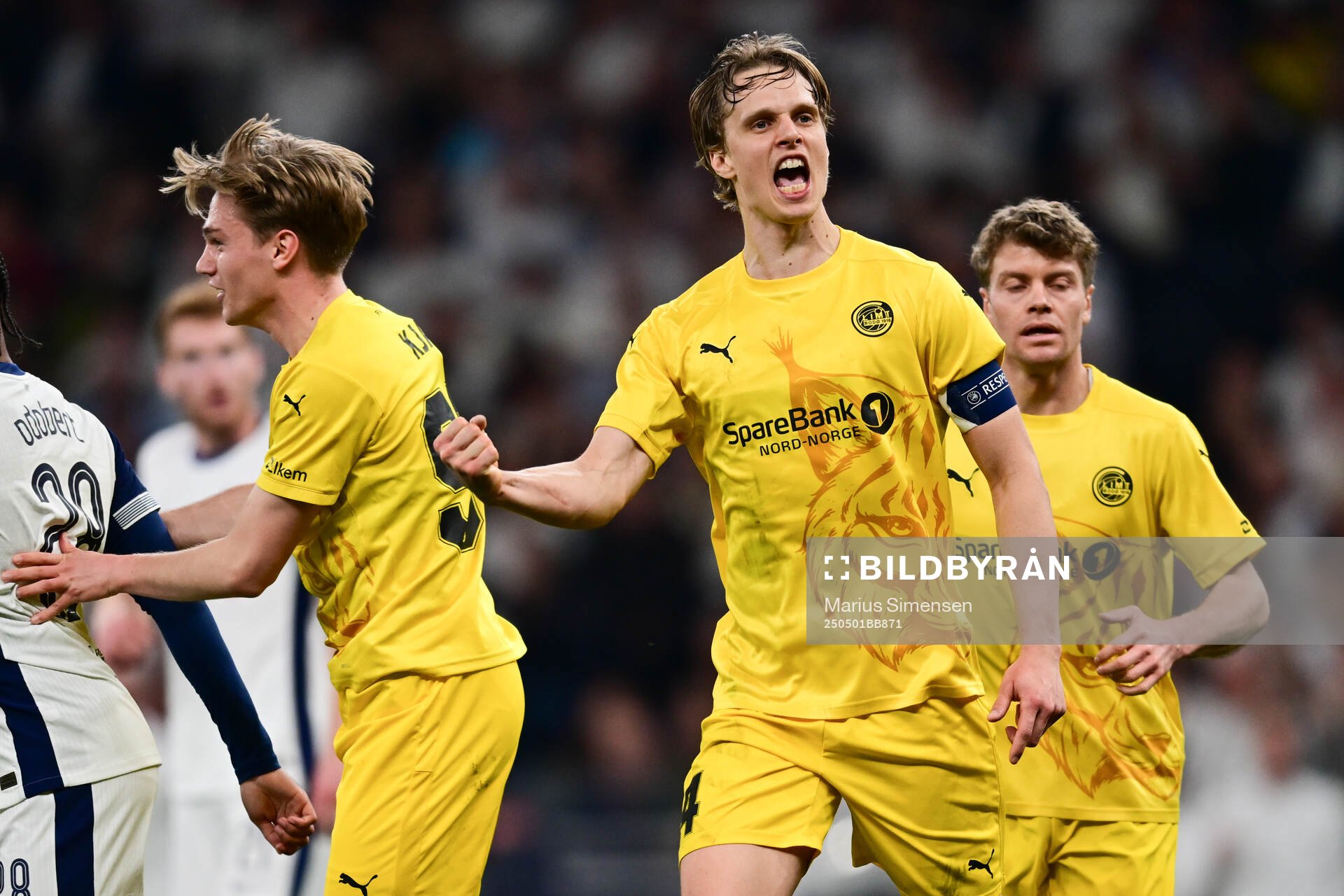 Ulrik Saltnes of Bodø/Glimt celebrates during the UEFA Europa League semi-final football match between Tottenham and Bodø/Glimt on May 1, 2025 in London.