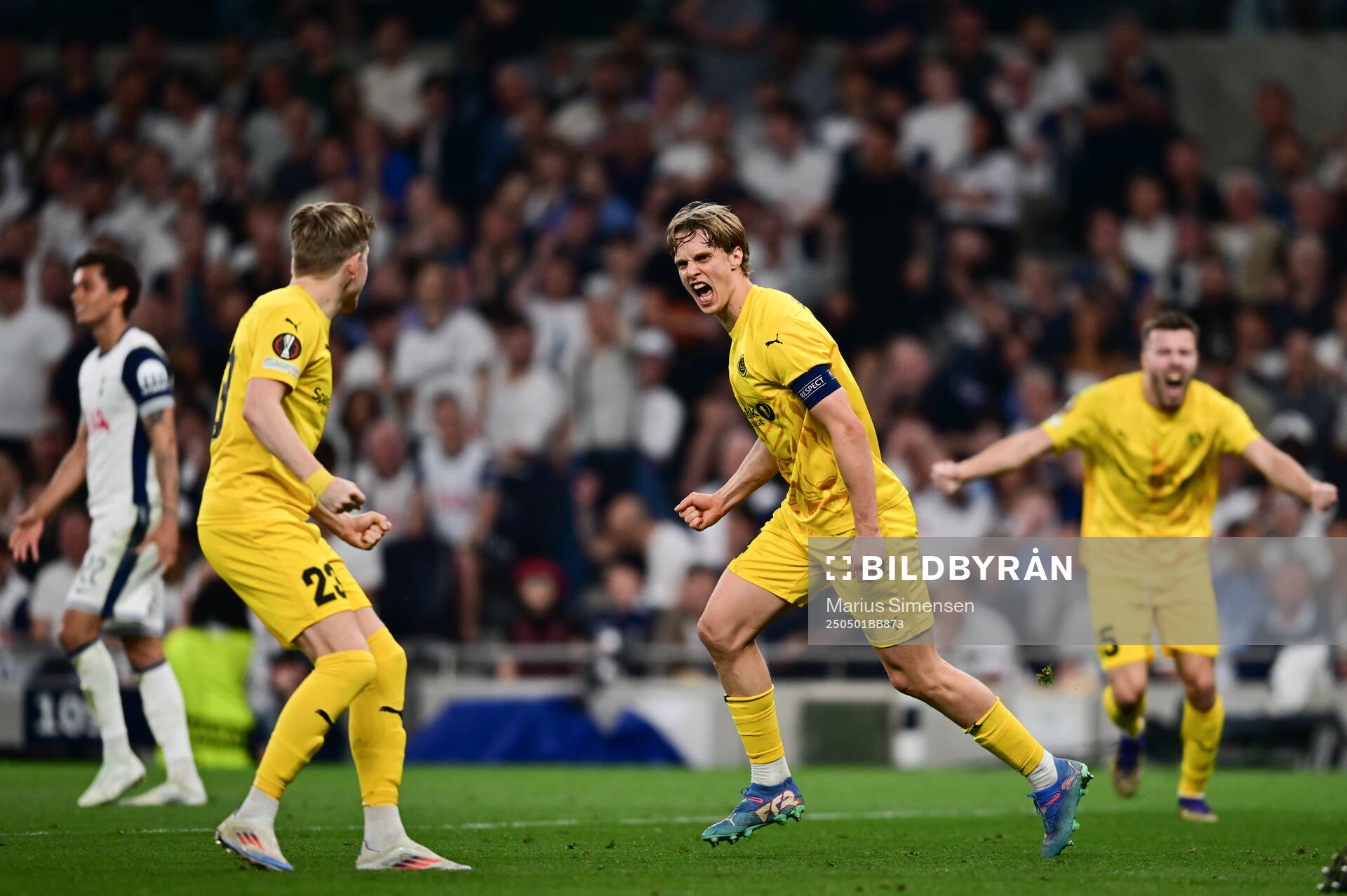 Ulrik Saltnes of Bodø/Glimt celebrates the 3-1 goal during the UEFA Europa League semi-final football match between Tottenham and Bodø/Glimt on May 1, 2025 in London.