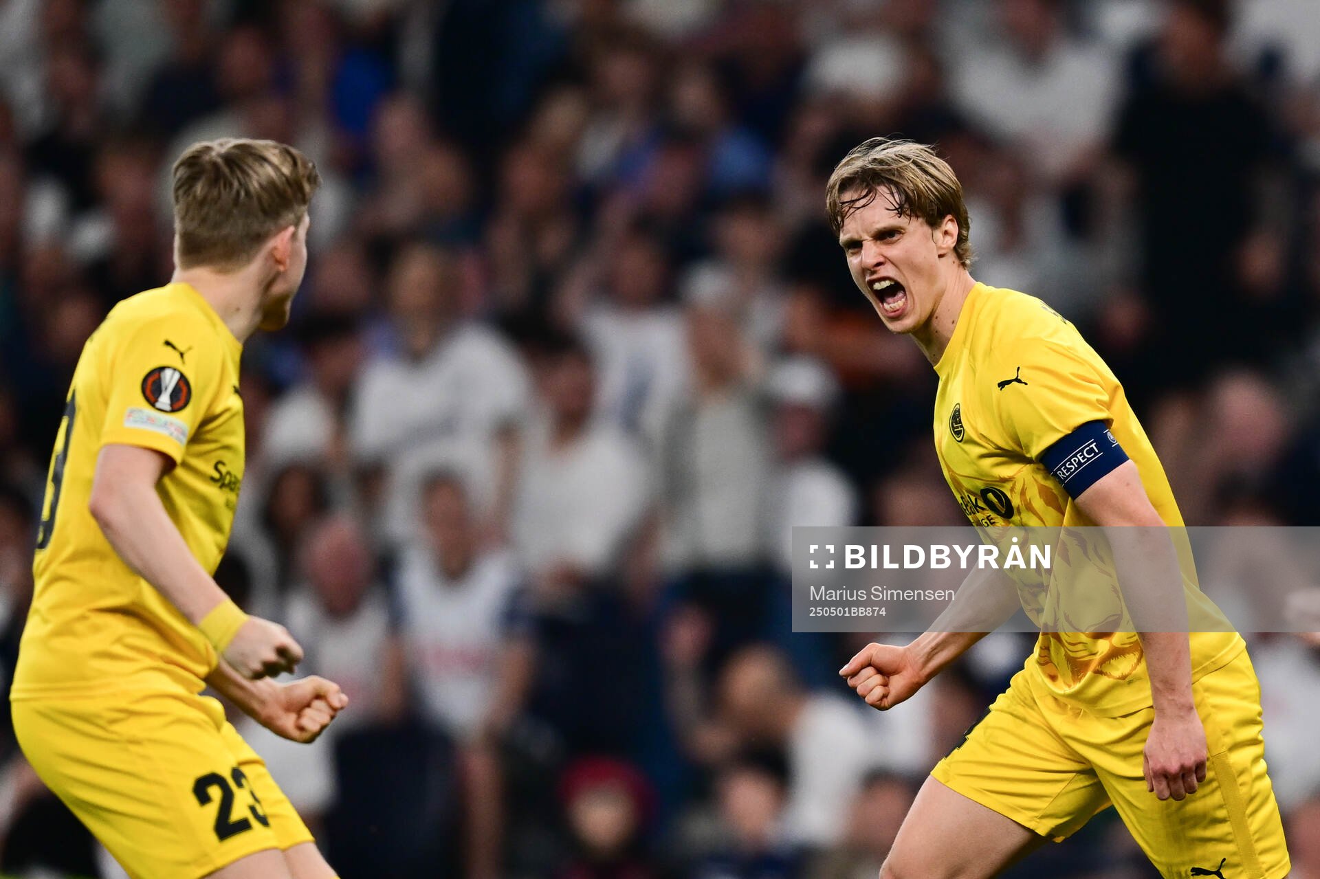 Ulrik Saltnes of Bodø/Glimt celebrates the 3-1 goal during the UEFA Europa League semi-final football match between Tottenham and Bodø/Glimt on May 1, 2025 in London.