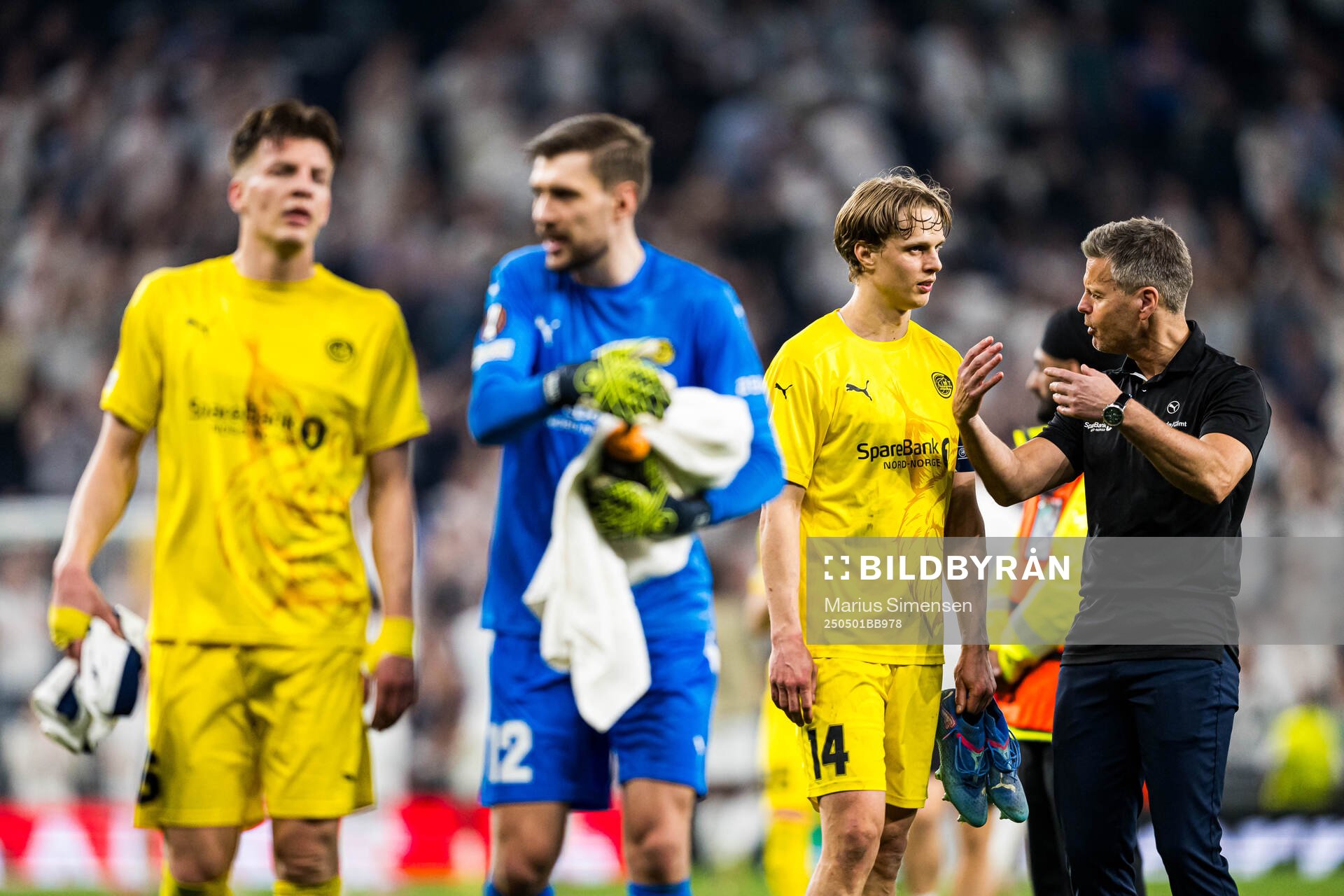 Jostein Gundersen, Nikita Haikin, Ulrik Saltnes and Kjetil Knutsen, head coach of Bodø/Glimt, after the UEFA Europa League semi-final football match between Tottenham and Bodø/Glimt on May 1, 2025 in London.