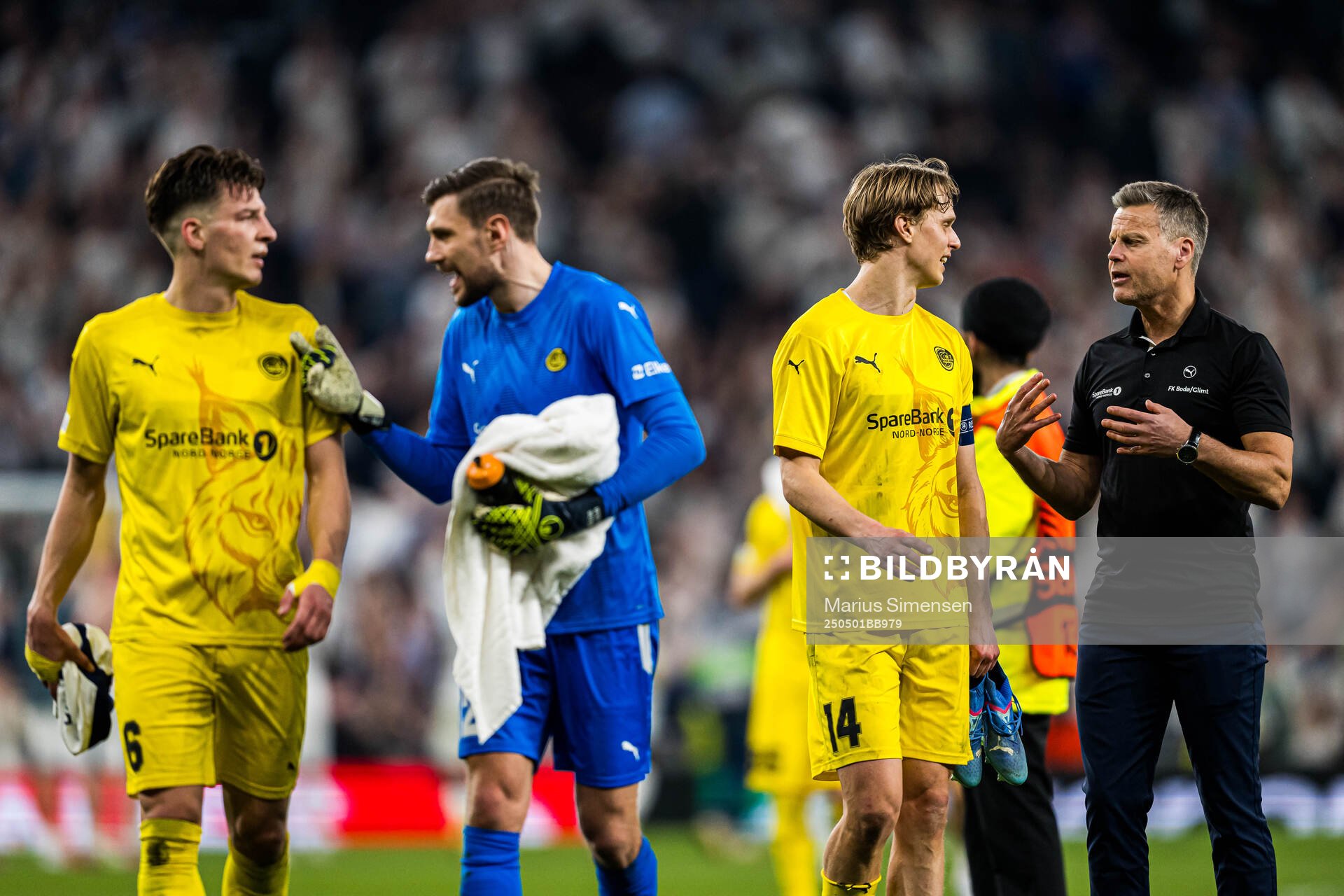 Jostein Gundersen, Nikita Haikin, Ulrik Saltnes and Kjetil Knutsen, head coach of Bodø/Glimt, after the UEFA Europa League semi-final football match between Tottenham and Bodø/Glimt on May 1, 2025 in London.