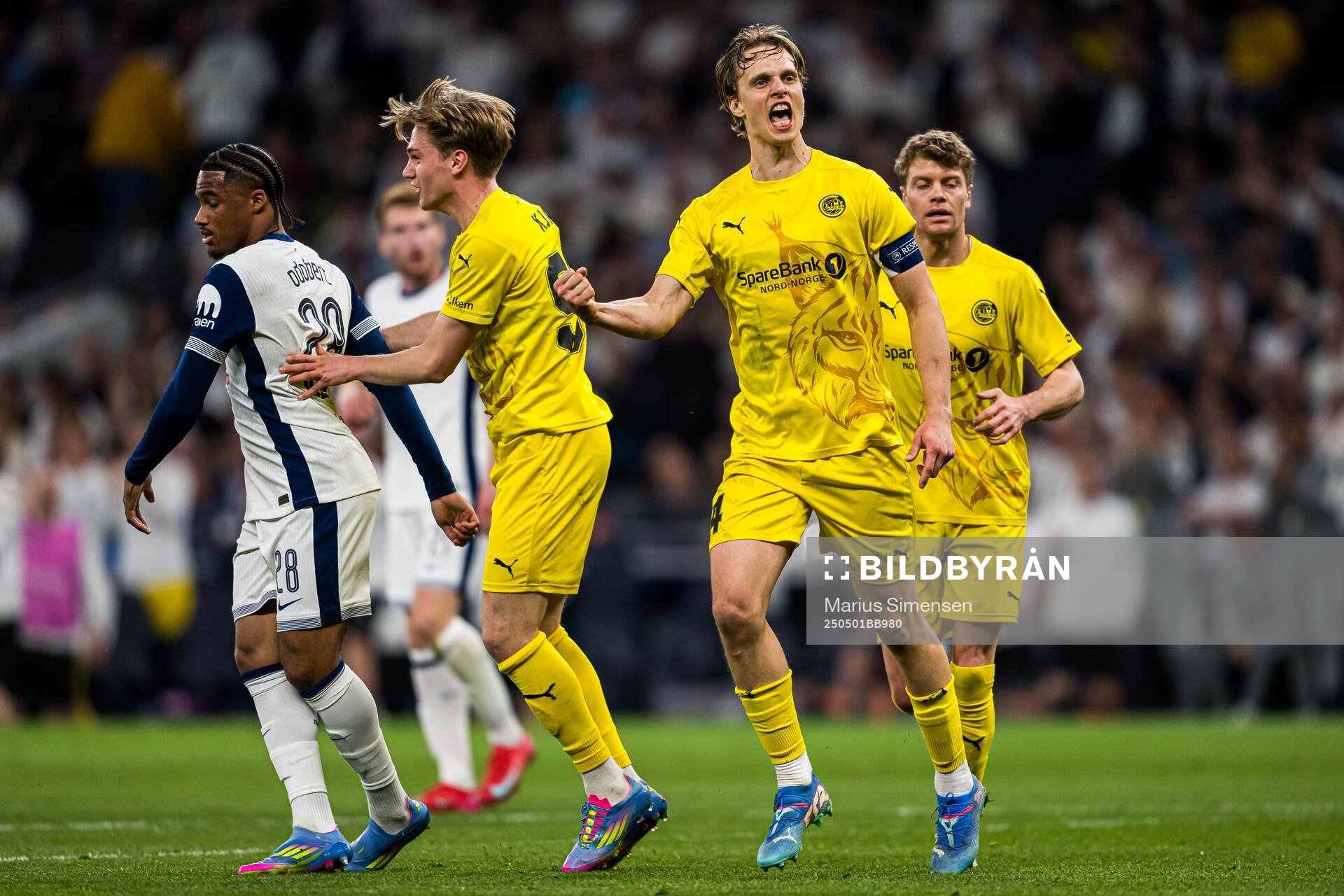 Ulrik Saltnes of Bodø/Glimt celebrates after scoring the 3-1 goal during the UEFA Europa League semi-final football match between Tottenham and Bodø/Glimt on May 1, 2025 in London.