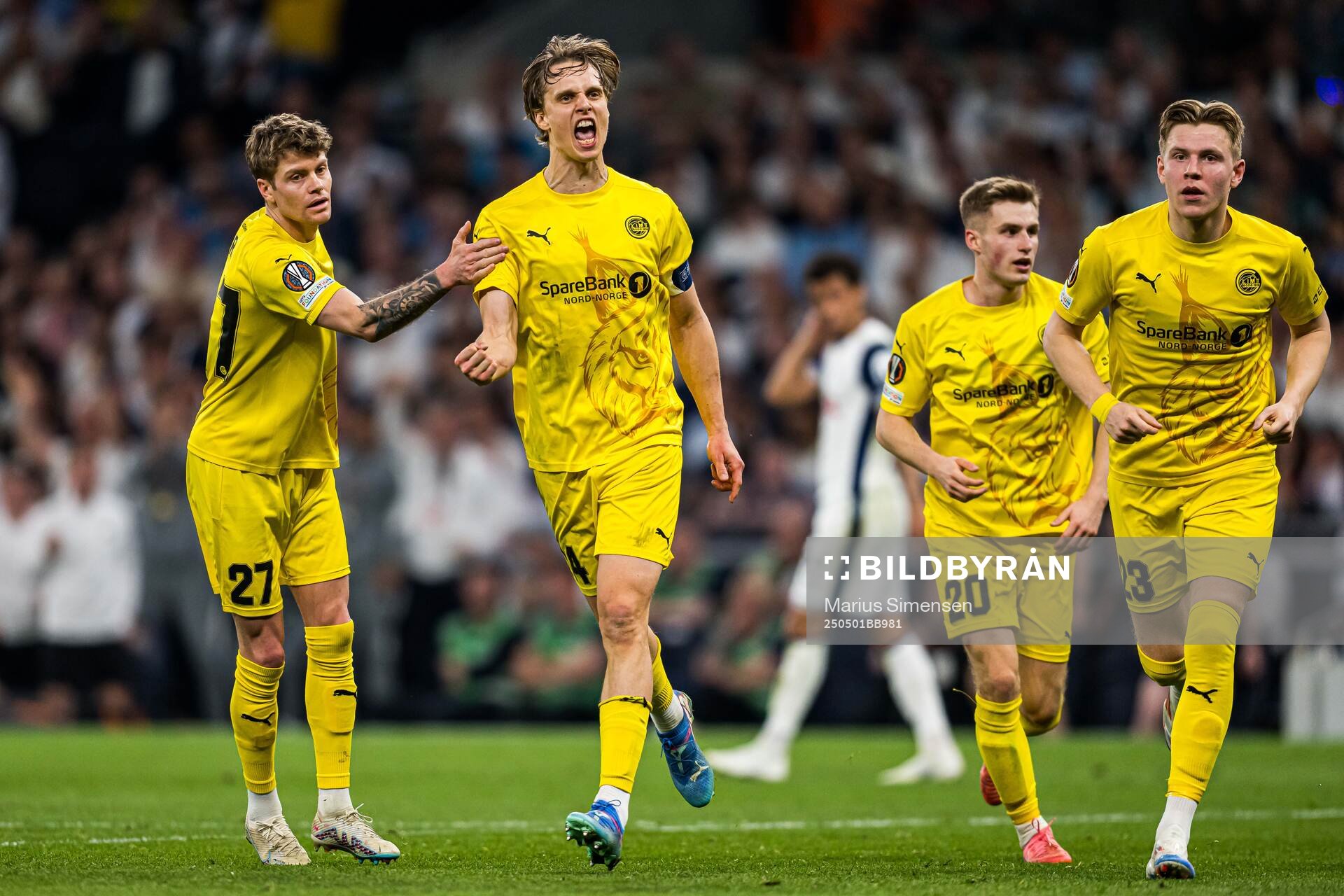 Ulrik Saltnes of Bodø/Glimt celebrates after scoring the 3-1 goal during the UEFA Europa League semi-final football match between Tottenham and Bodø/Glimt on May 1, 2025 in London.