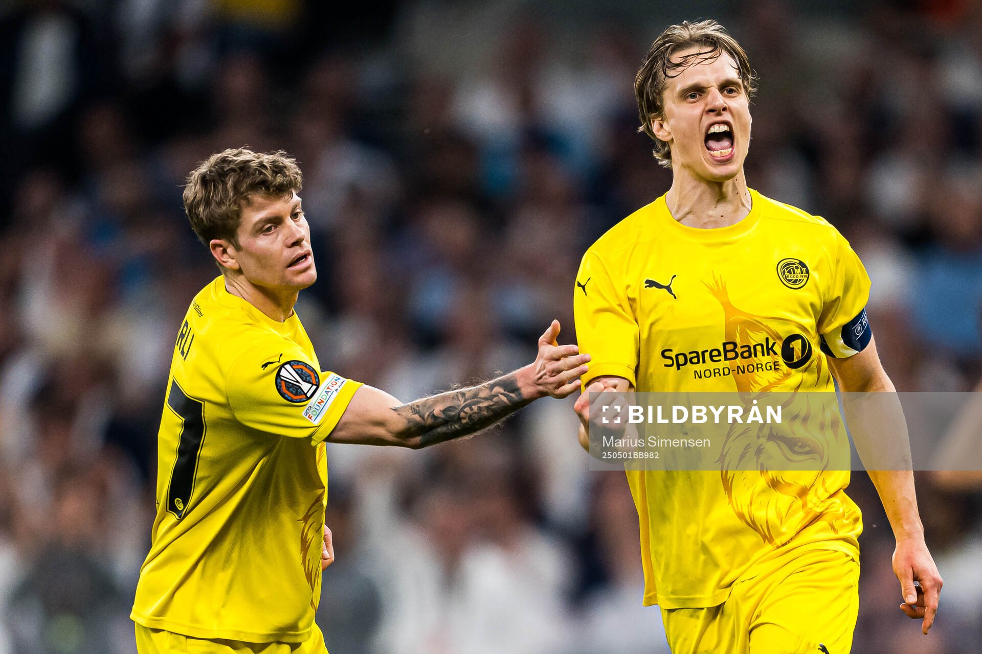 Ulrik Saltnes of Bodø/Glimt celebrates after scoring the 3-1 goal during the UEFA Europa League semi-final football match between Tottenham and Bodø/Glimt on May 1, 2025 in London.