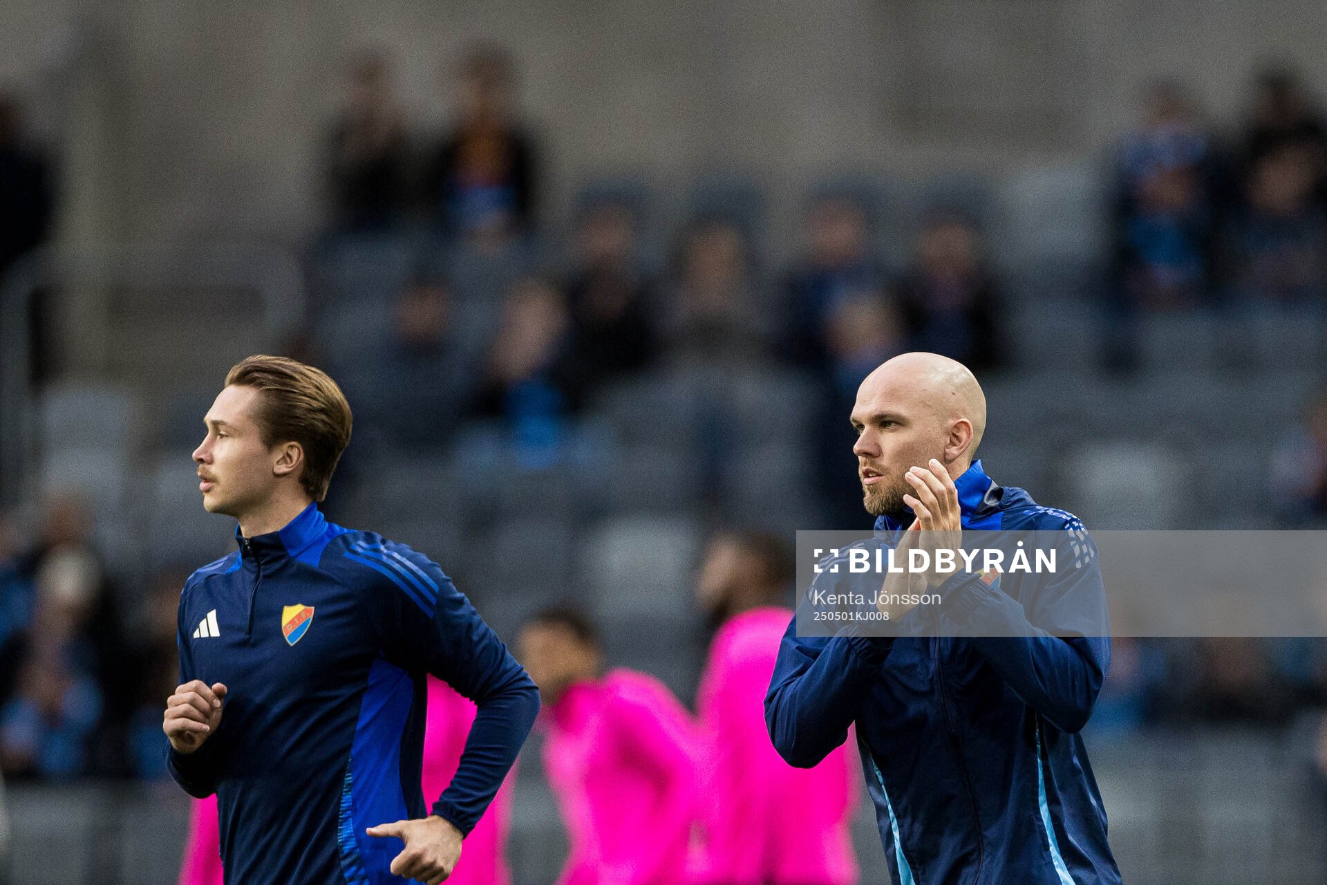 Miro Tenho and Marcus Danielson of Djurgården ahead of the UEFA Conference League semifinal between Djurgården and Chelsea on May 1, 2025 in Stockholm.