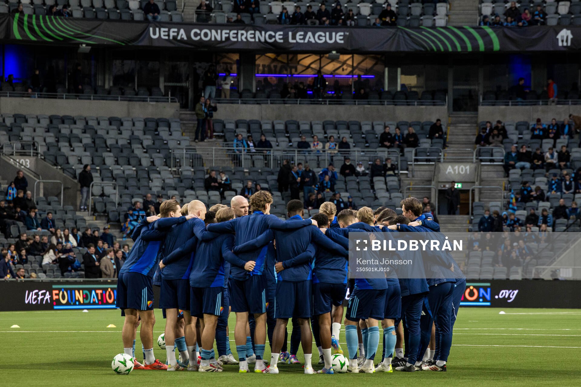 Players of Djurgården ahead of the UEFA Conference League semifinal between Djurgården and Chelsea on May 1, 2025 in Stockholm.