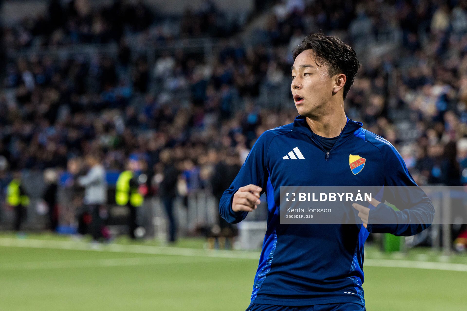 Keita Kosugi of Djurgården ahead of the UEFA Conference League semifinal between Djurgården and Chelsea on May 1, 2025 in Stockholm.