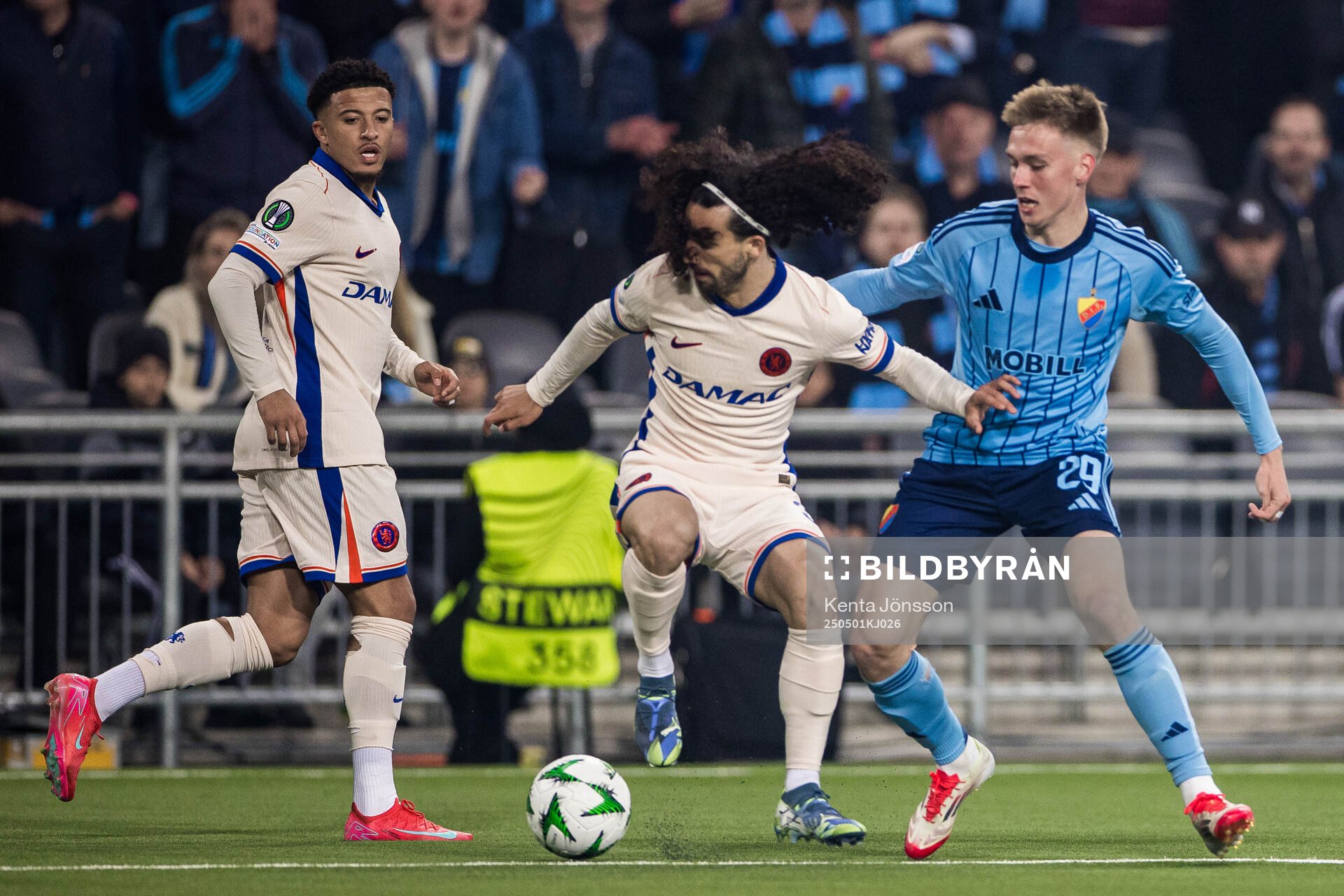 Jadon Sancho, Marc Cucurella of Chelsea and Santeri Haarala of Djurgården during the UEFA Conference League semifinal between Djurgården and Chelsea on May 1, 2025 in Stockholm.