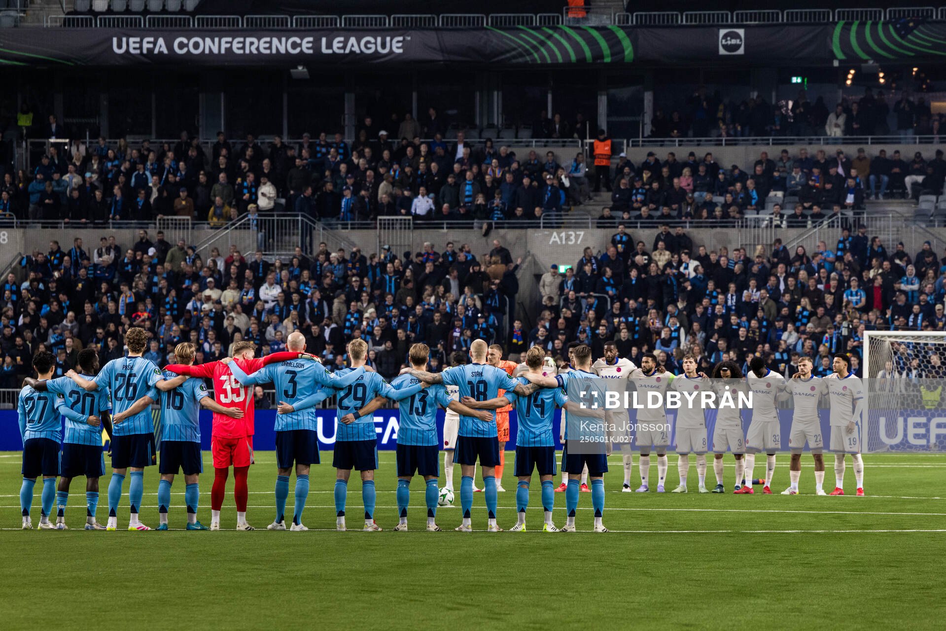 Moment of Silence ahead of the UEFA Conference League semifinal between Djurgården and Chelsea on May 1, 2025 in Stockholm.