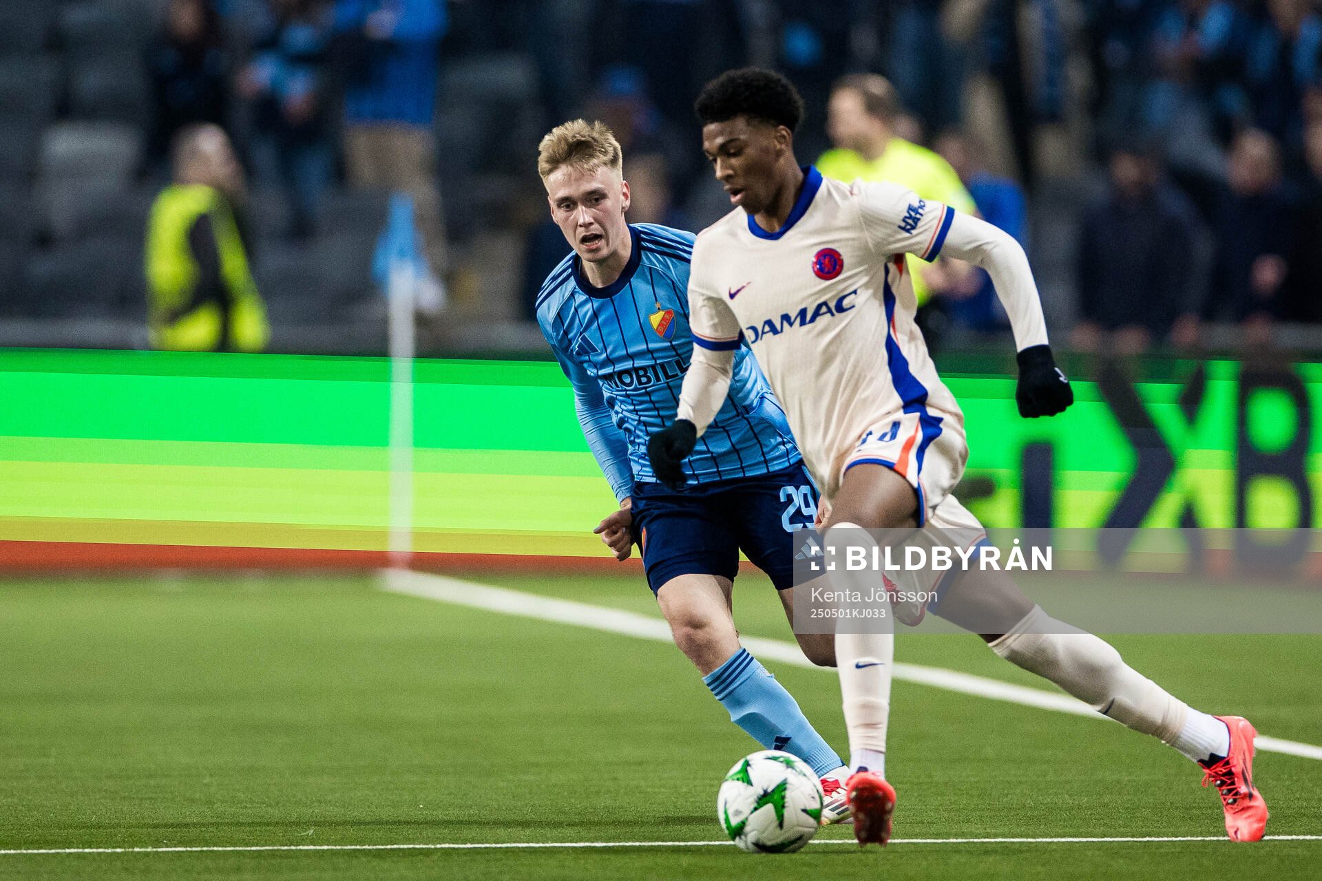 Santeri Haarala of Djurgården and Joshua Acheampong of Chelsea during the UEFA Conference League semifinal between Djurgården and Chelsea on May 1, 2025 in Stockholm.
