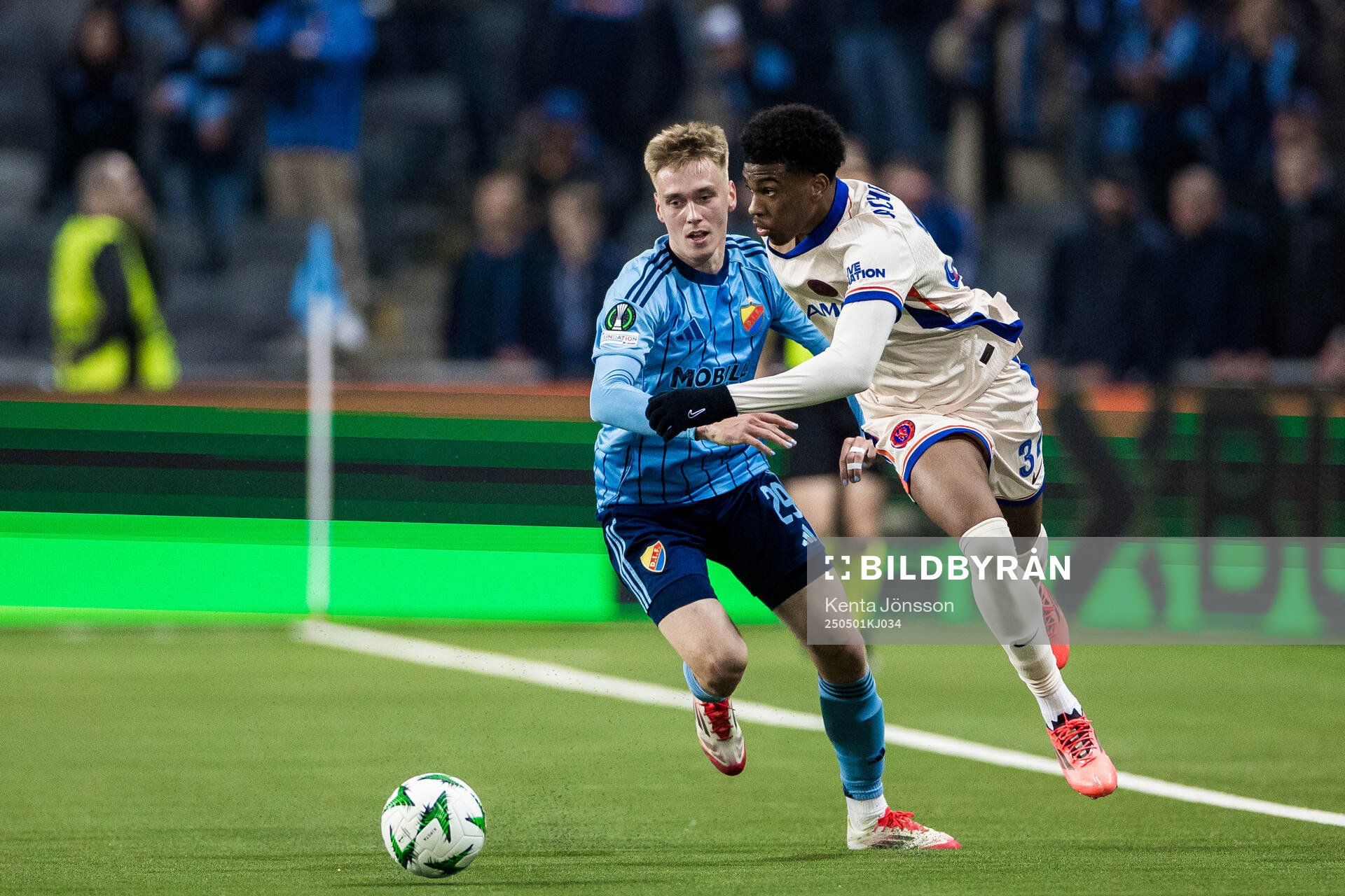Santeri Haarala of Djurgården and Joshua Acheampong of Chelsea during the UEFA Conference League semifinal between Djurgården and Chelsea on May 1, 2025 in Stockholm.