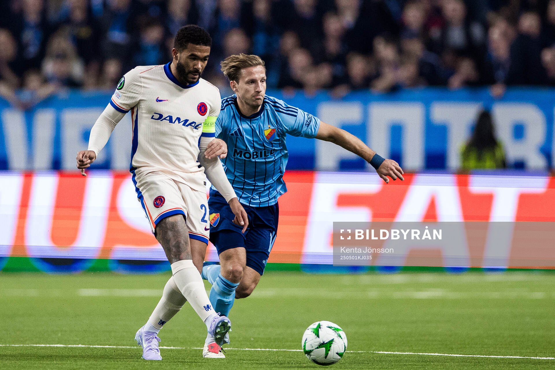 Reece James of Chelsea and Daniel Stensson of Djurgården during the UEFA Conference League semifinal between Djurgården and Chelsea on May 1, 2025 in Stockholm.