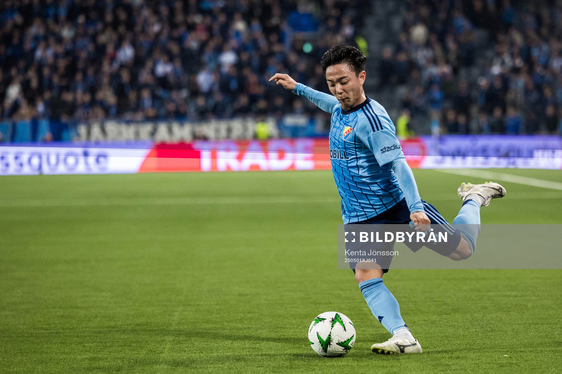 Keita Kosugi of Djurgården during the UEFA Conference League semifinal between Djurgården and Chelsea on May 1, 2025 in Stockholm.