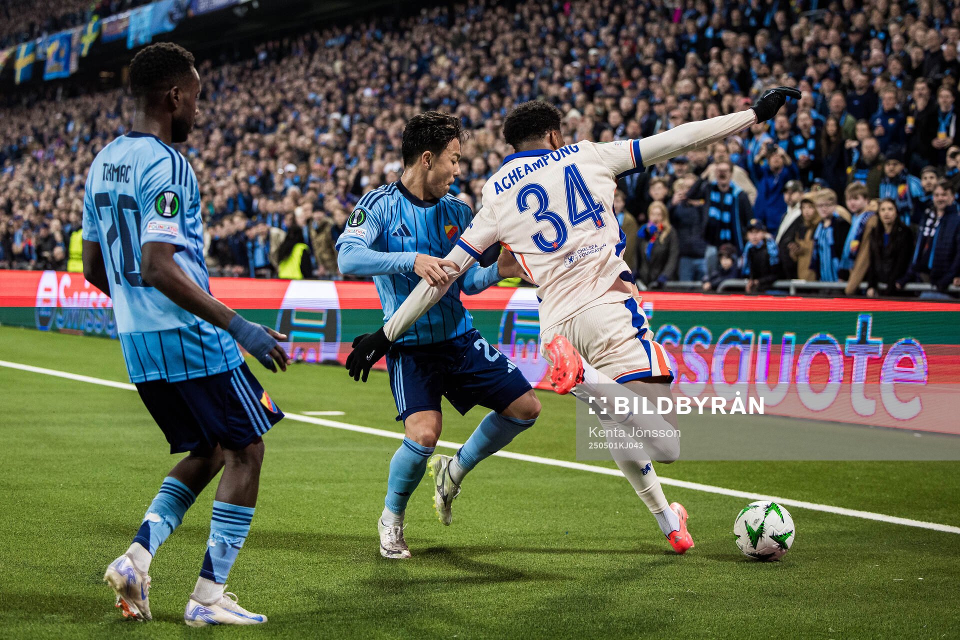 Keita Kosugi of Djurgården and Joshua Acheampong of Chelsea during the UEFA Conference League semifinal between Djurgården and Chelsea on May 1, 2025 in Stockholm.