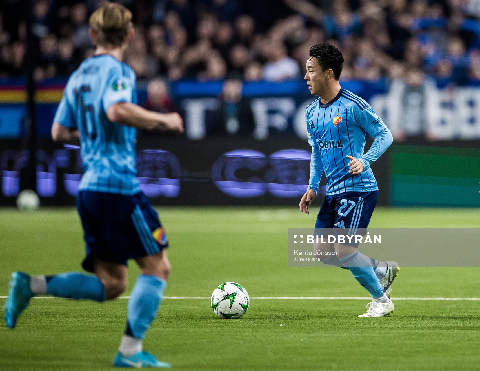 Keita Kosugi of Djurgården during the UEFA Conference League semifinal between Djurgården and Chelsea on May 1, 2025 in Stockholm.