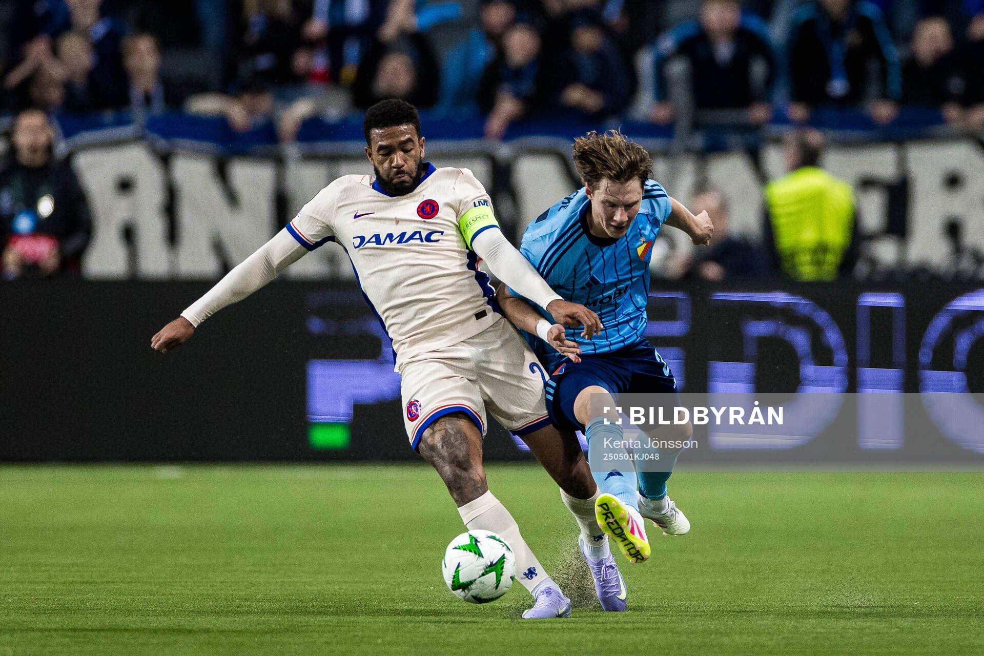 Reece James of Chelsea and August Priske Flyger of Djurgården during the UEFA Conference League semifinal between Djurgården and Chelsea on May 1, 2025 in Stockholm.