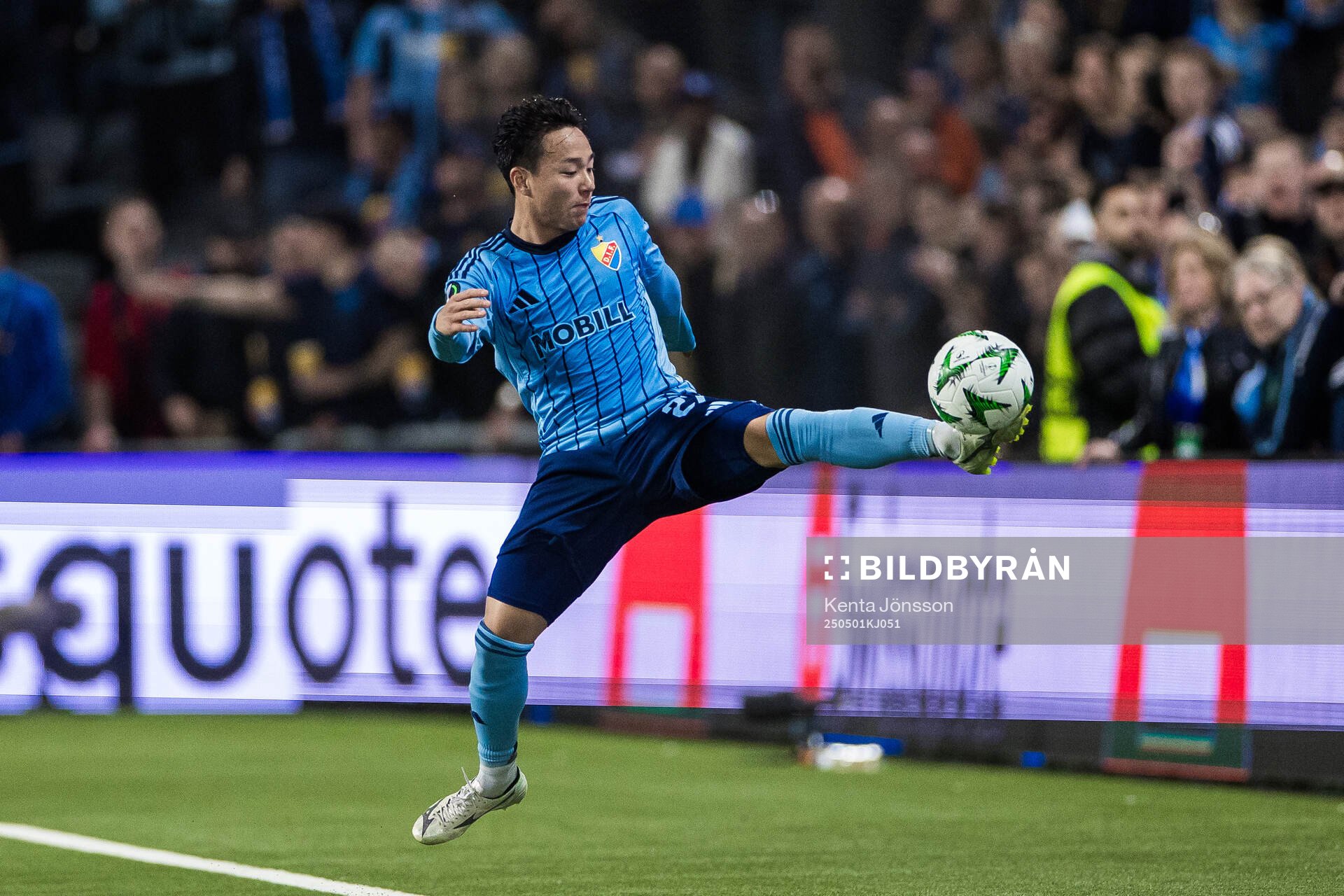 Keita Kosugi of Djurgården during the UEFA Conference League semifinal between Djurgården and Chelsea on May 1, 2025 in Stockholm.