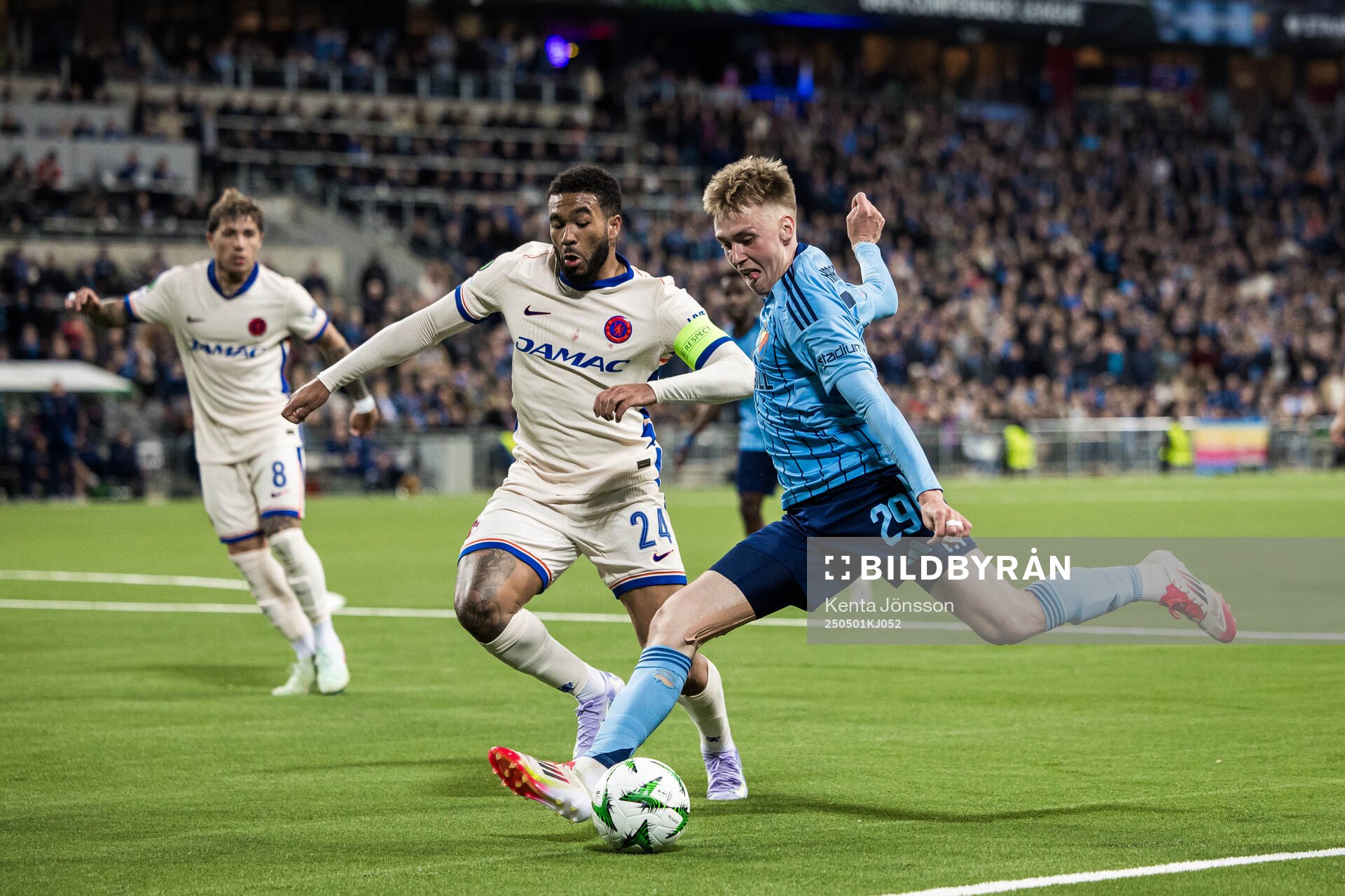 Reece James of Chelsea and Santeri Haarala of Djurgården during the UEFA Conference League semifinal between Djurgården and Chelsea on May 1, 2025 in Stockholm.