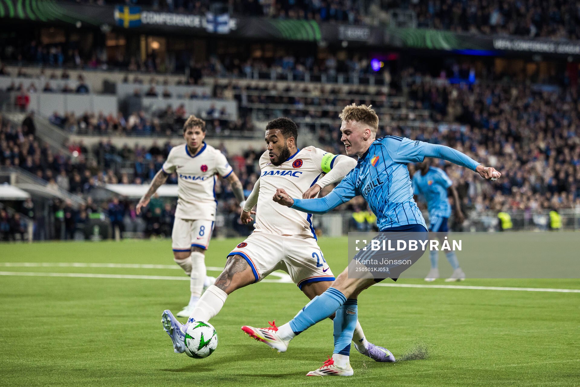 Reece James of Chelsea and Santeri Haarala of Djurgården during the UEFA Conference League semifinal between Djurgården and Chelsea on May 1, 2025 in Stockholm.