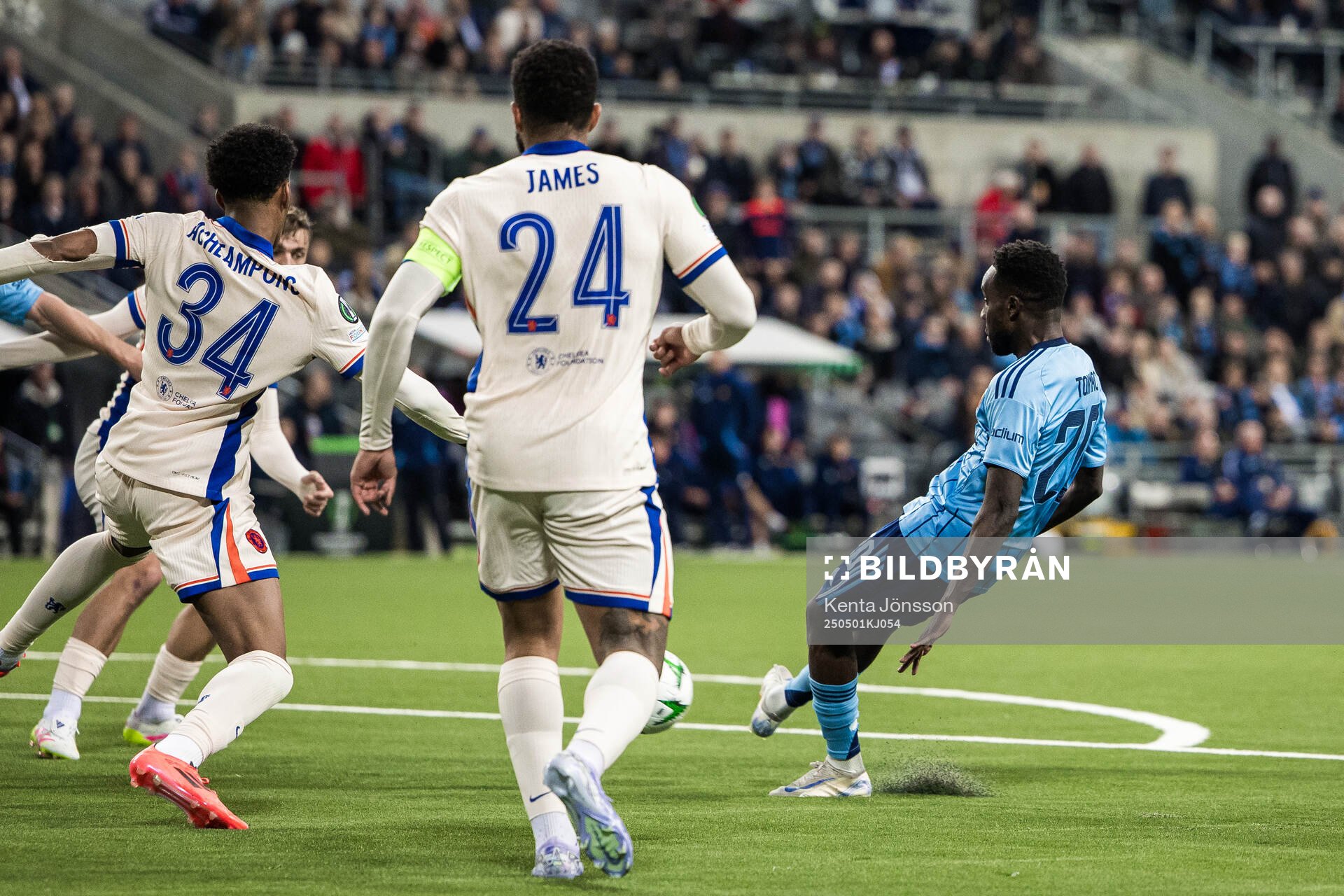 Tokmac Nguen of Djurgården during the UEFA Conference League semifinal between Djurgården and Chelsea on May 1, 2025 in Stockholm.