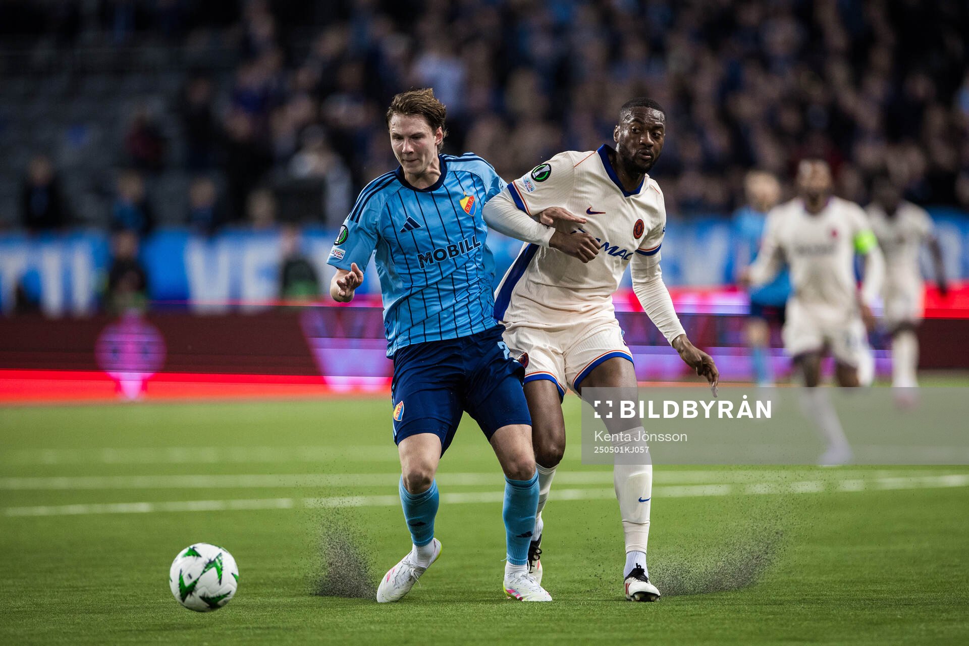 Santeri Haarala of Djurgården and Tosin Adarabioyo of Chelsea during the UEFA Conference League semifinal between Djurgården and Chelsea on May 1, 2025 in Stockholm.