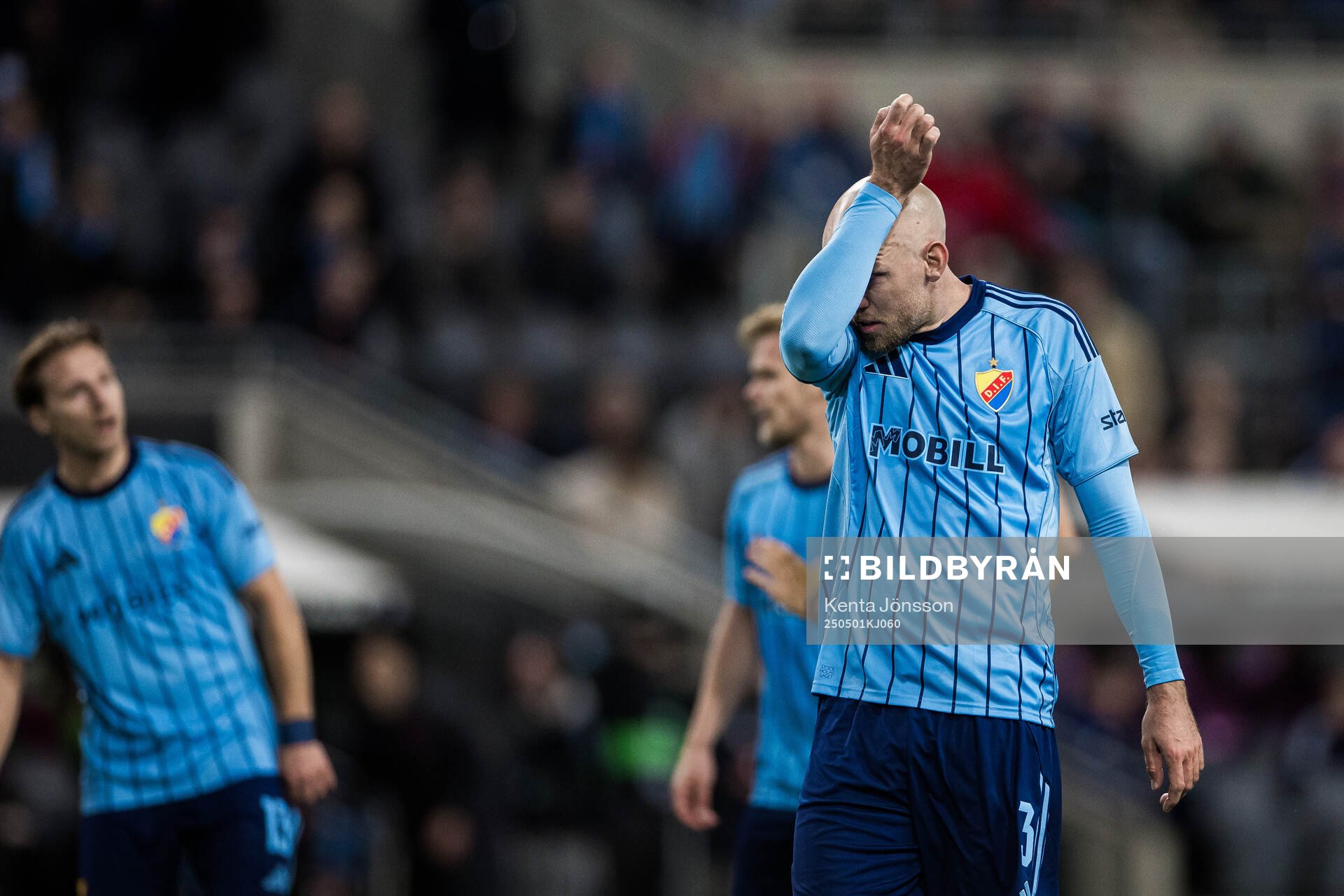 Marcus Danielson of Djurgården looks dejected during the UEFA Conference League semifinal between Djurgården and Chelsea on May 1, 2025 in Stockholm.
