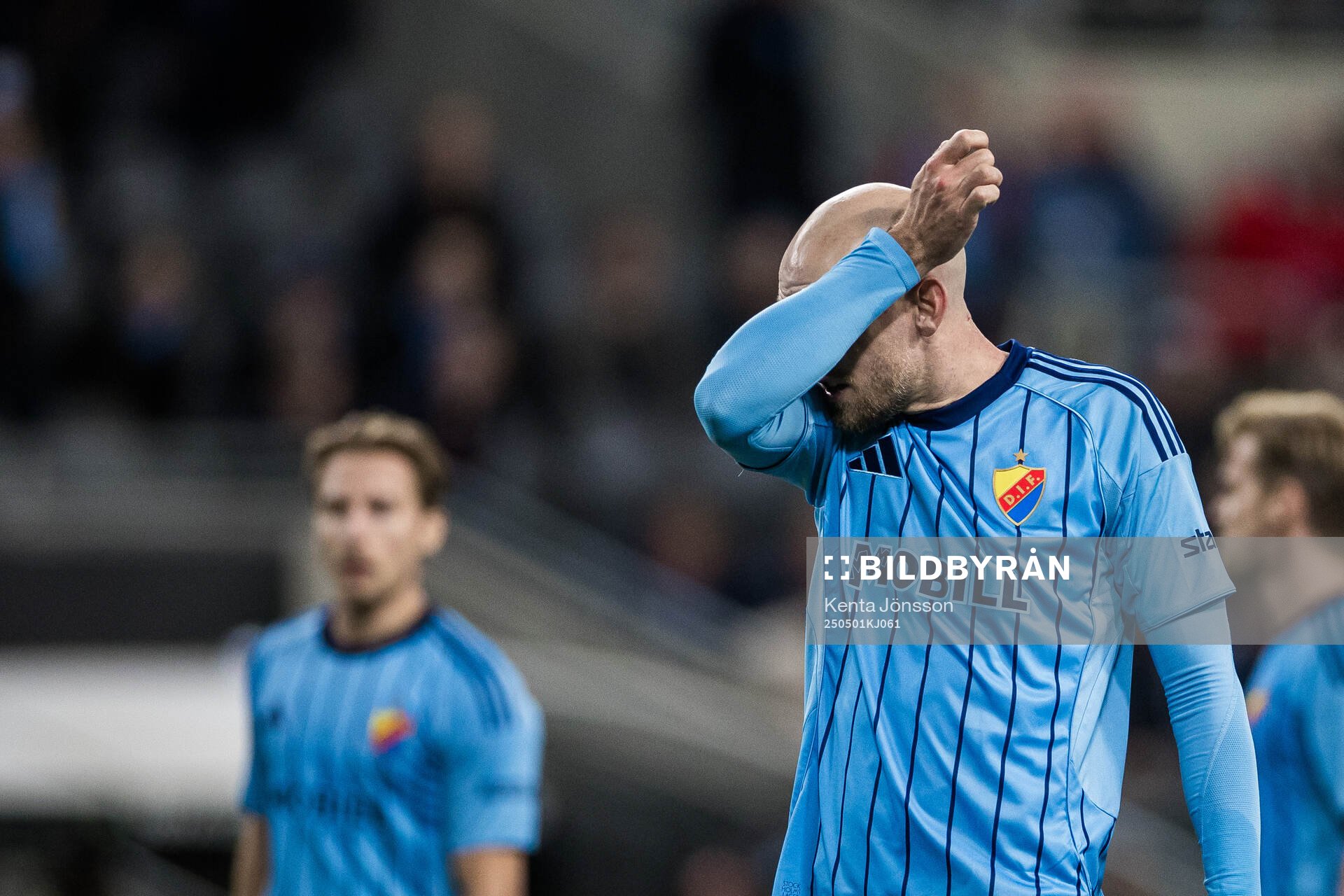 Marcus Danielson of Djurgården looks dejected during the UEFA Conference League semifinal between Djurgården and Chelsea on May 1, 2025 in Stockholm.