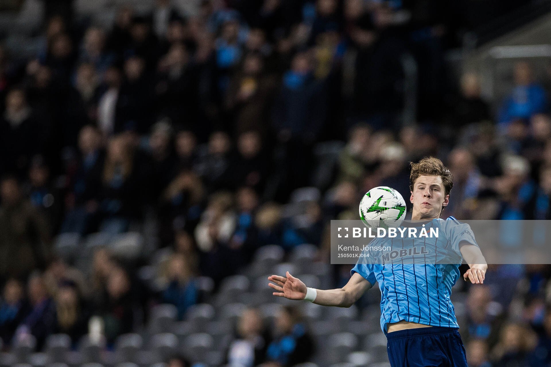 August Priske Flyger of Djurgården during the UEFA Conference League semifinal between Djurgården and Chelsea on May 1, 2025 in Stockholm. 
