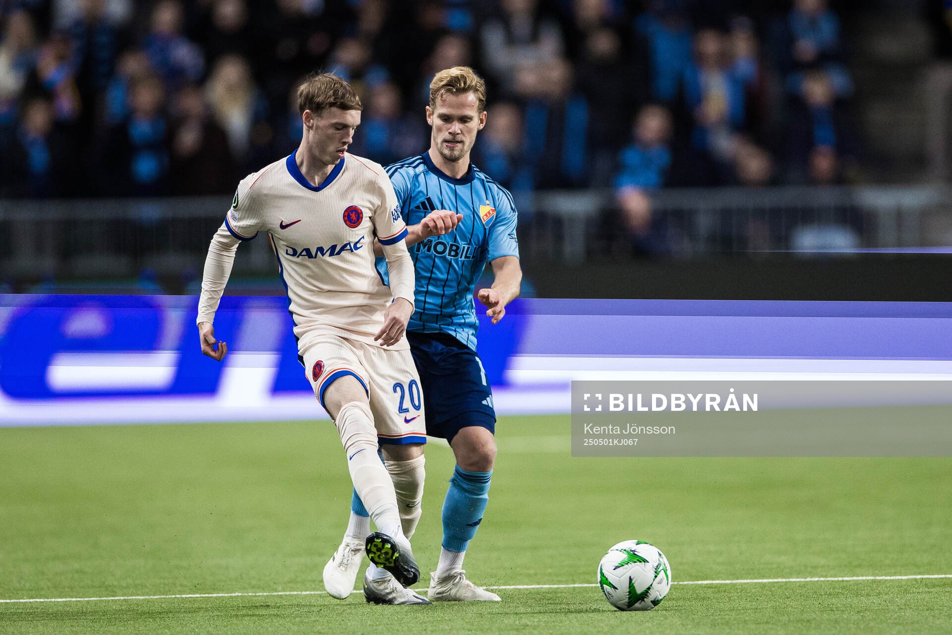 Cole Palmer of Chelsea and Hampus Finndell of Djurgården during the UEFA Conference League semifinal between Djurgården and Chelsea on May 1, 2025 in Stockholm. 