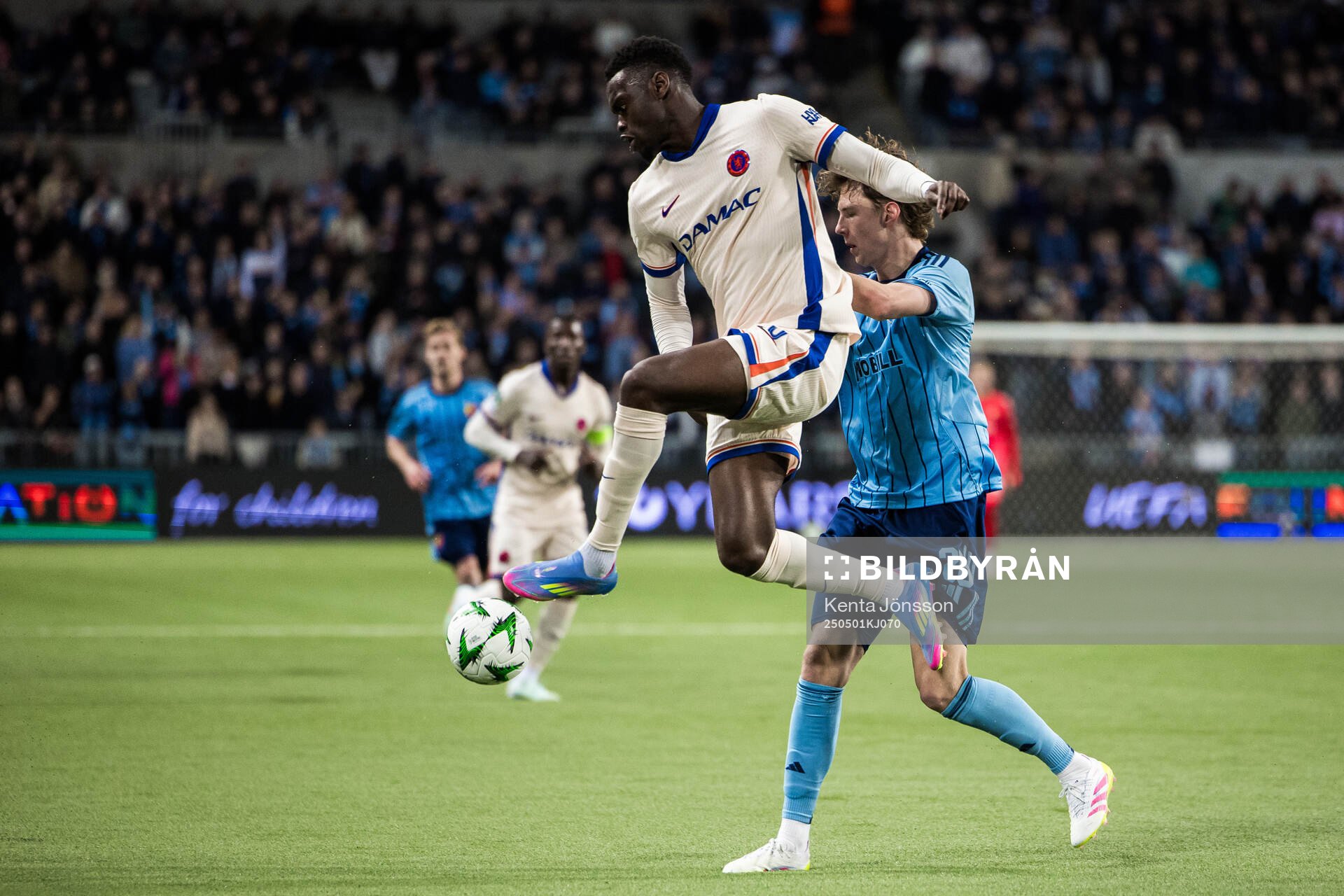 Benoit Badiashile of Chelsea and August Priske Flyger of Djurgården during the UEFA Conference League semifinal between Djurgården and Chelsea on May 1, 2025 in Stockholm.