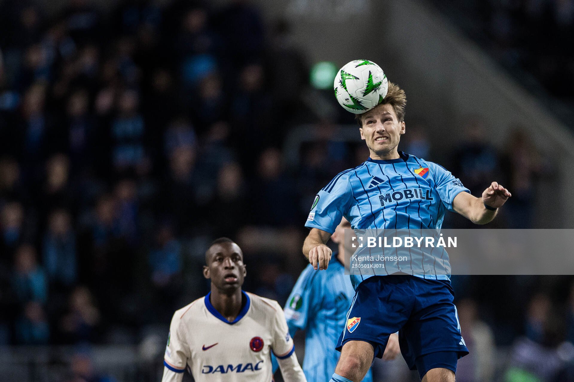 Daniel Stensson of Djurgården during the UEFA Conference League semifinal between Djurgården and Chelsea on May 1, 2025 in Stockholm.