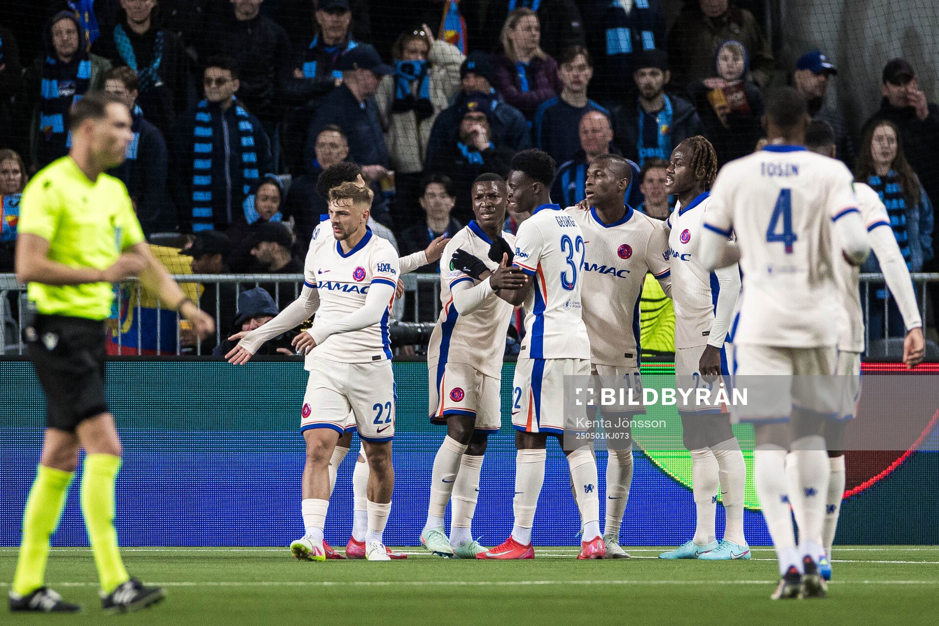 Moises Caicedo of Chelsea celebrates the 0-3 goal during the UEFA Conference League semifinal between Djurgården and Chelsea on May 1, 2025 in Stockholm.