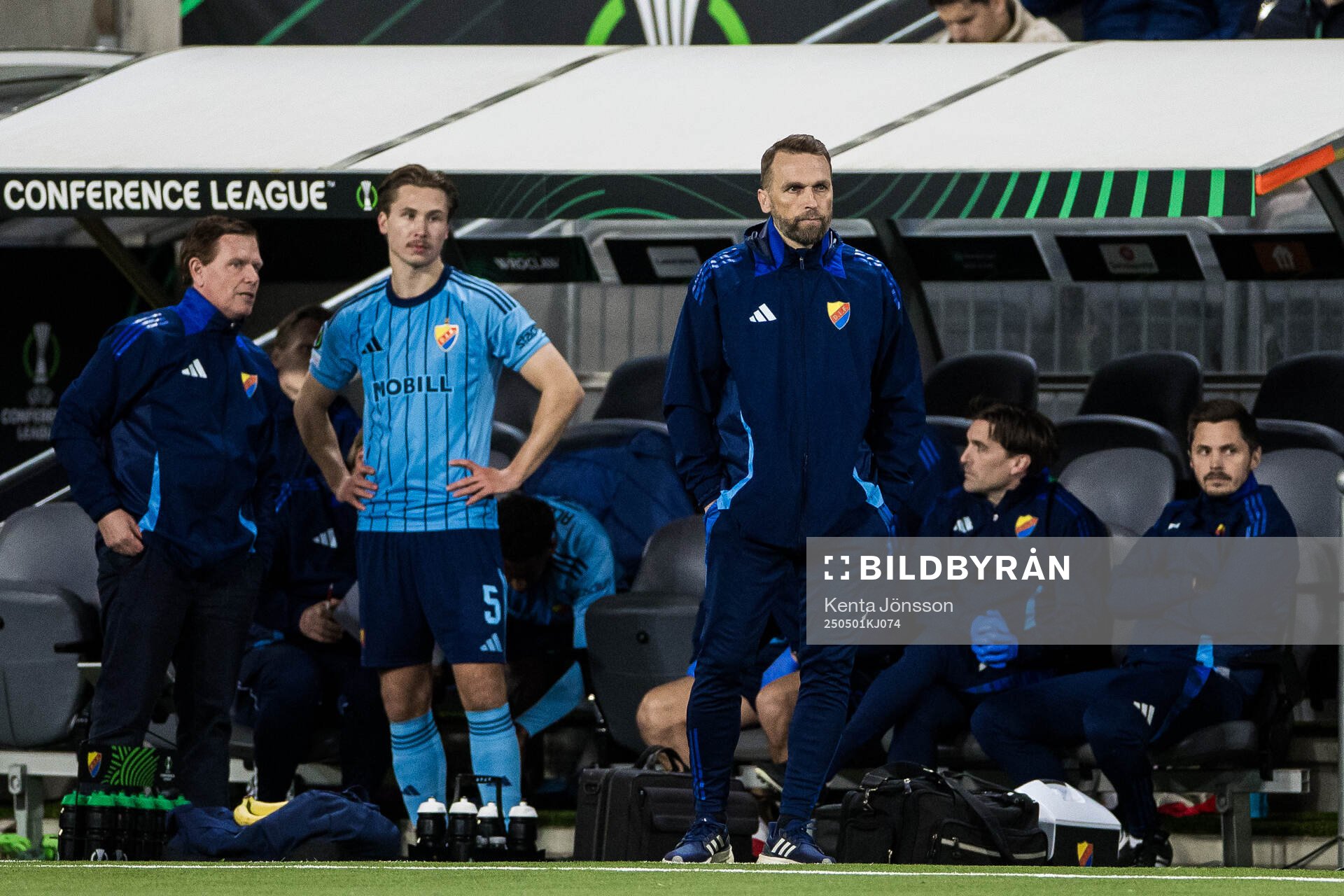 Miro Tenho and Head coach Jani Honkavaara of Djurgården during the UEFA Conference League semifinal between Djurgården and Chelsea on May 1, 2025 in Stockholm.
