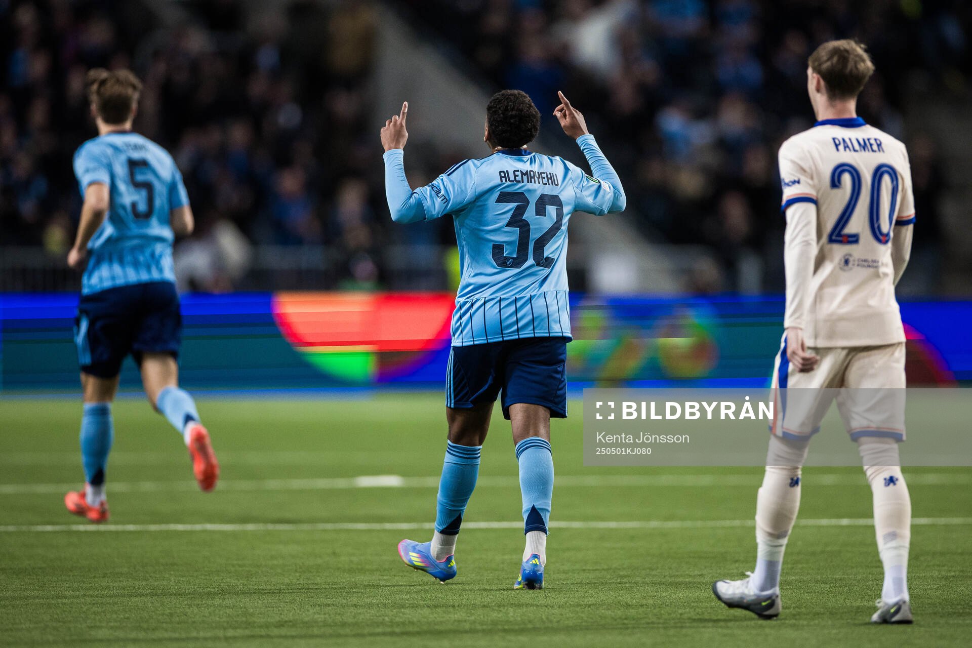 Isak Alemayehu Mulugeta of Djurgården celebrates the 1-4 goal during the UEFA Conference League semifinal between Djurgården and Chelsea on May 1, 2025 in Stockholm.