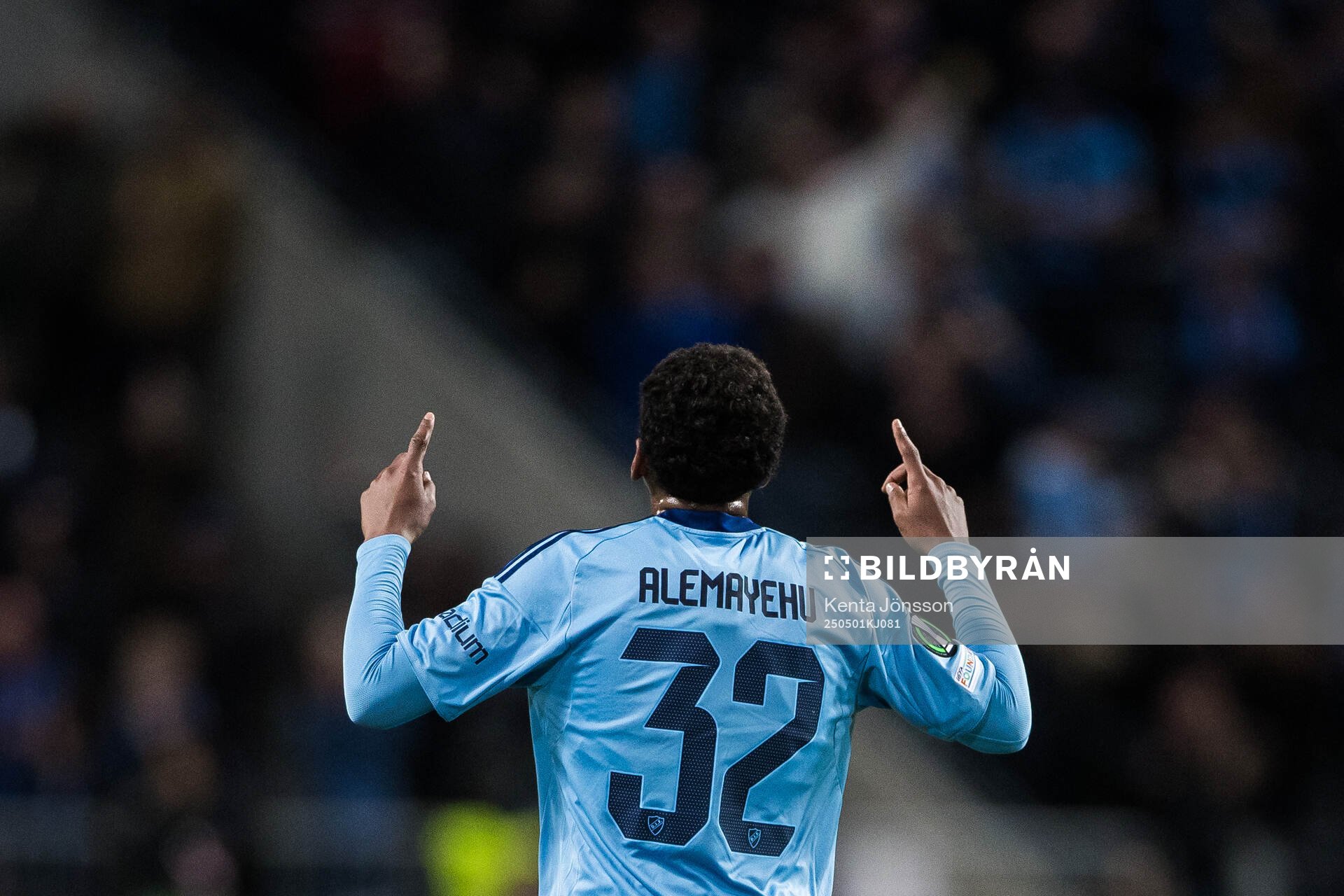 Isak Alemayehu Mulugeta of Djurgården celebrates the 1-4 goal during the UEFA Conference League semifinal between Djurgården and Chelsea on May 1, 2025 in Stockholm.