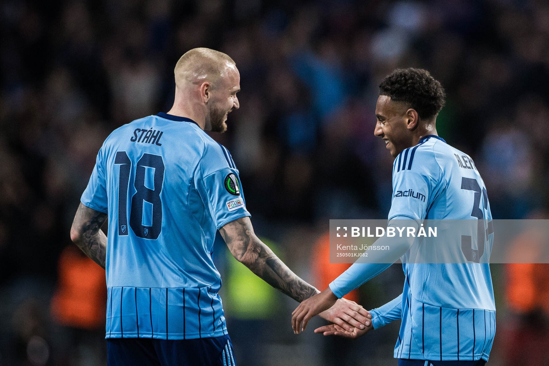 Adam Ståhl and Isak Alemayehu Mulugeta of Djurgården celebrate the 1-4 goal during the UEFA Conference League semifinal between Djurgården and Chelsea on May 1, 2025 in Stockholm.