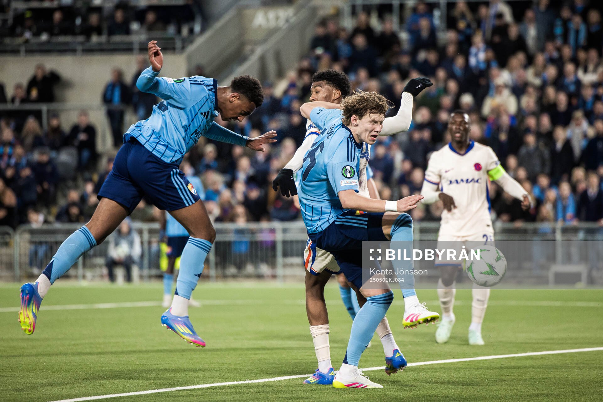 Isak Alemayehu Mulugeta of Djurgården scores the 1-4 goal during the UEFA Conference League semifinal between Djurgården and Chelsea on May 1, 2025 in Stockholm.
