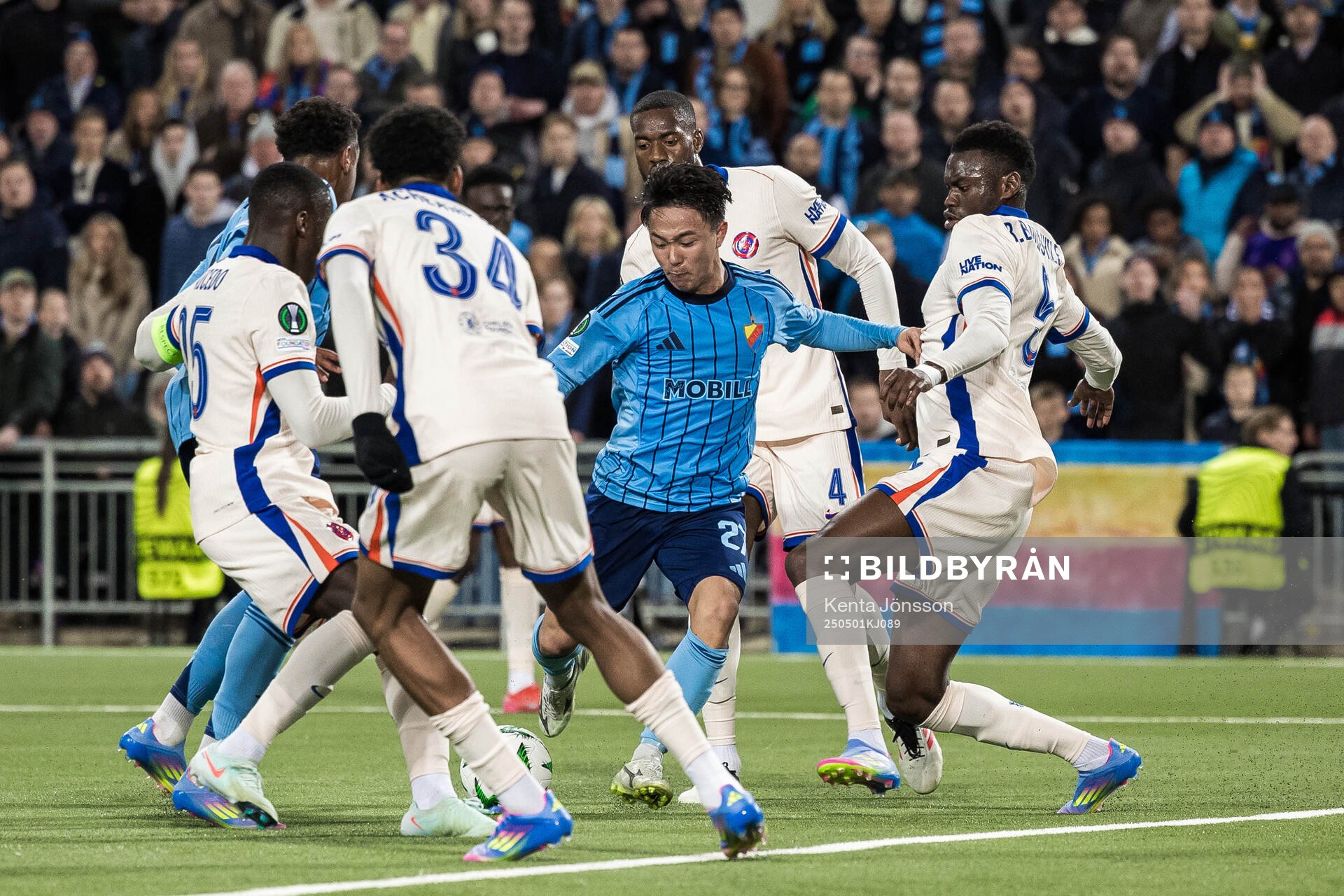 Keita Kosugi of Djurgården during the UEFA Conference League semifinal between Djurgården and Chelsea on May 1, 2025 in Stockholm.