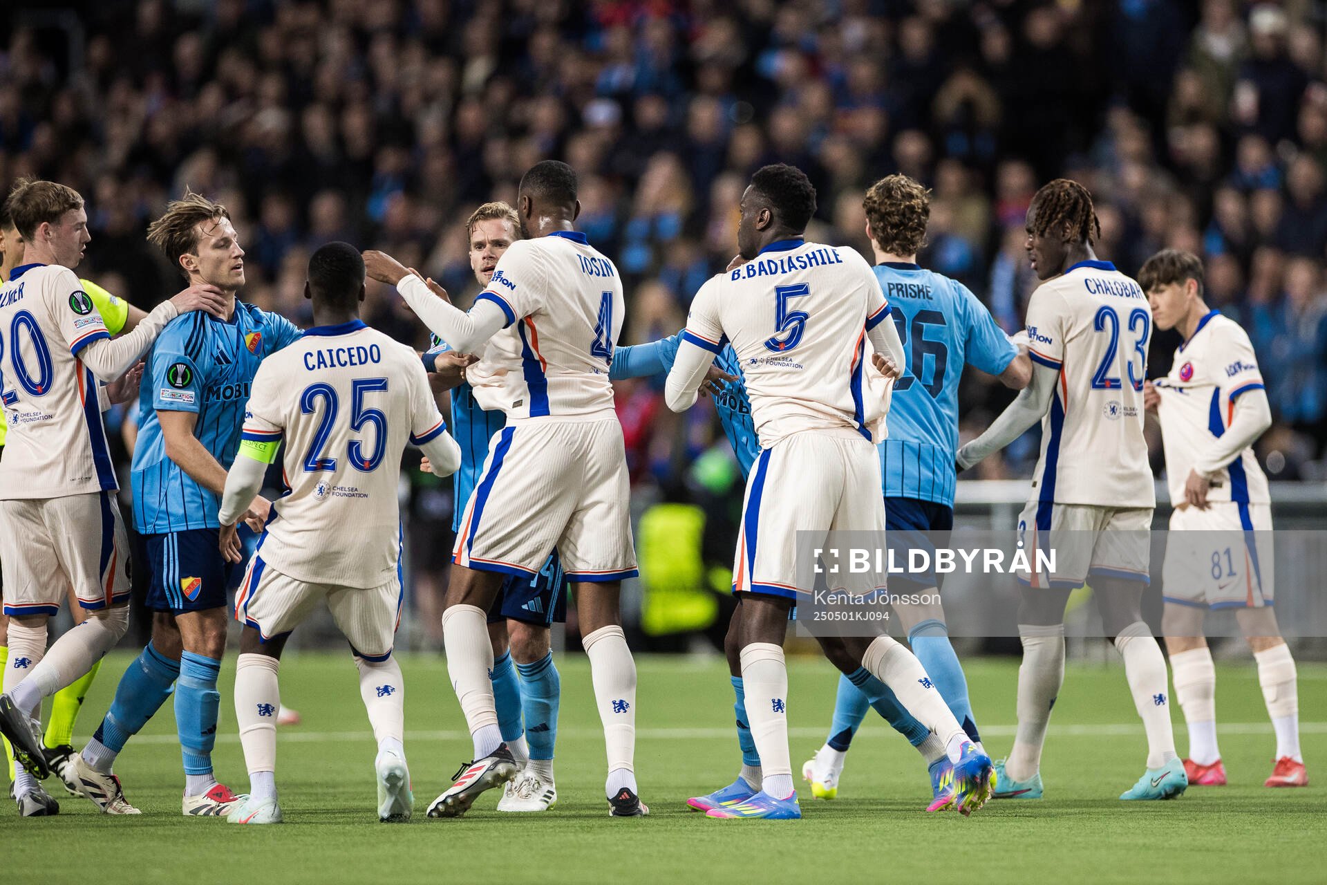 Daniel Stensson and Hampus Finndell of Djurgården during the UEFA Conference League semifinal between Djurgården and Chelsea on May 1, 2025 in Stockholm.