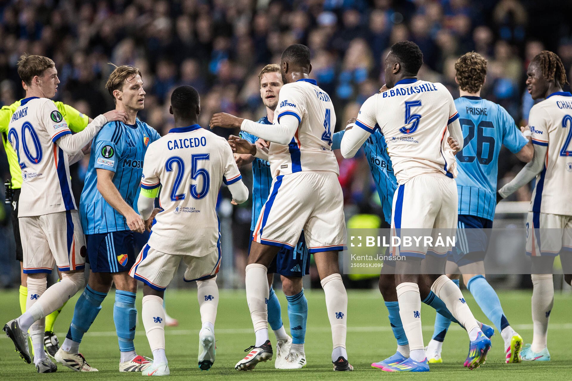 Daniel Stensson and Hampus Finndell of Djurgården and Tosin Adarabioyo of Chelsea during the UEFA Conference League semifinal between Djurgården and Chelsea on May 1, 2025 in Stockholm.