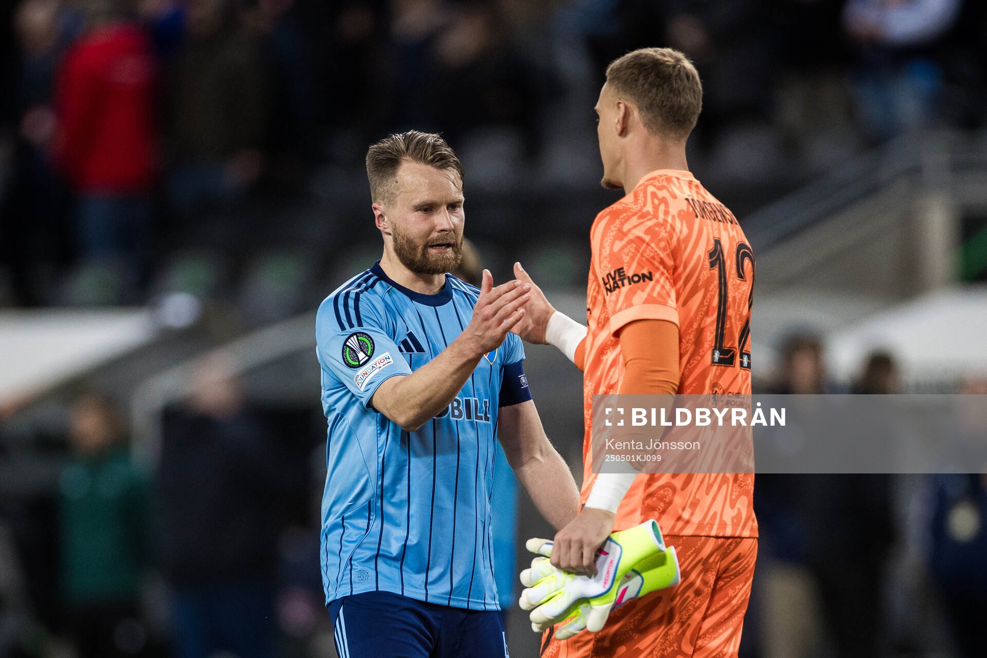 Jacob Une of Djurgården and goalkeeper Filip Jørgensen of